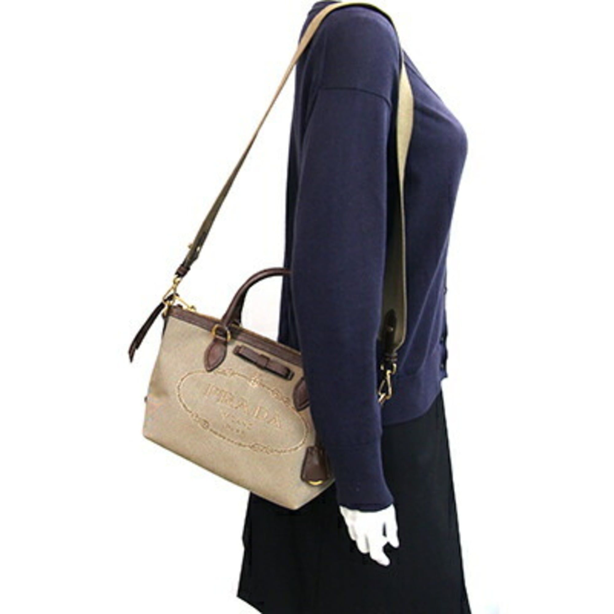 Prada Prada Handbag 1BA111 Beige Brown Canvas Leather Shoulder Ribbon Women's PRADA Size ONE SIZE - 8 Thumbnail