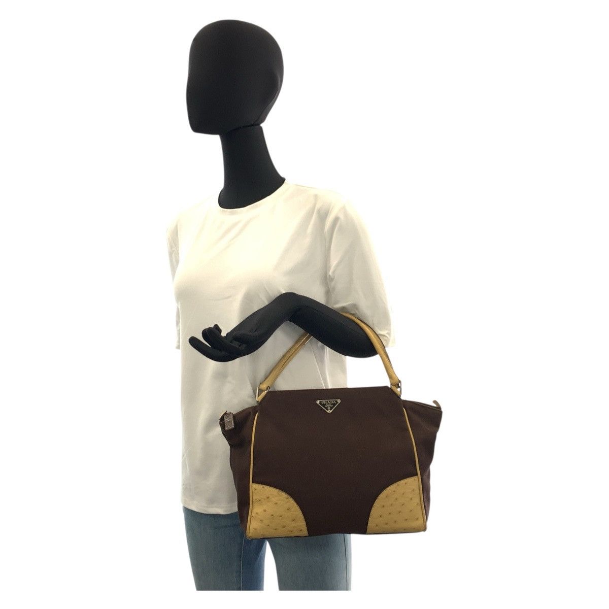 Prada Prada Prada Triangle Logo Plate Canvas/Ostrich Tote Bag Textile Tote Bag DUTY FREE for USA Size ONE SIZE - 7 Thumbnail