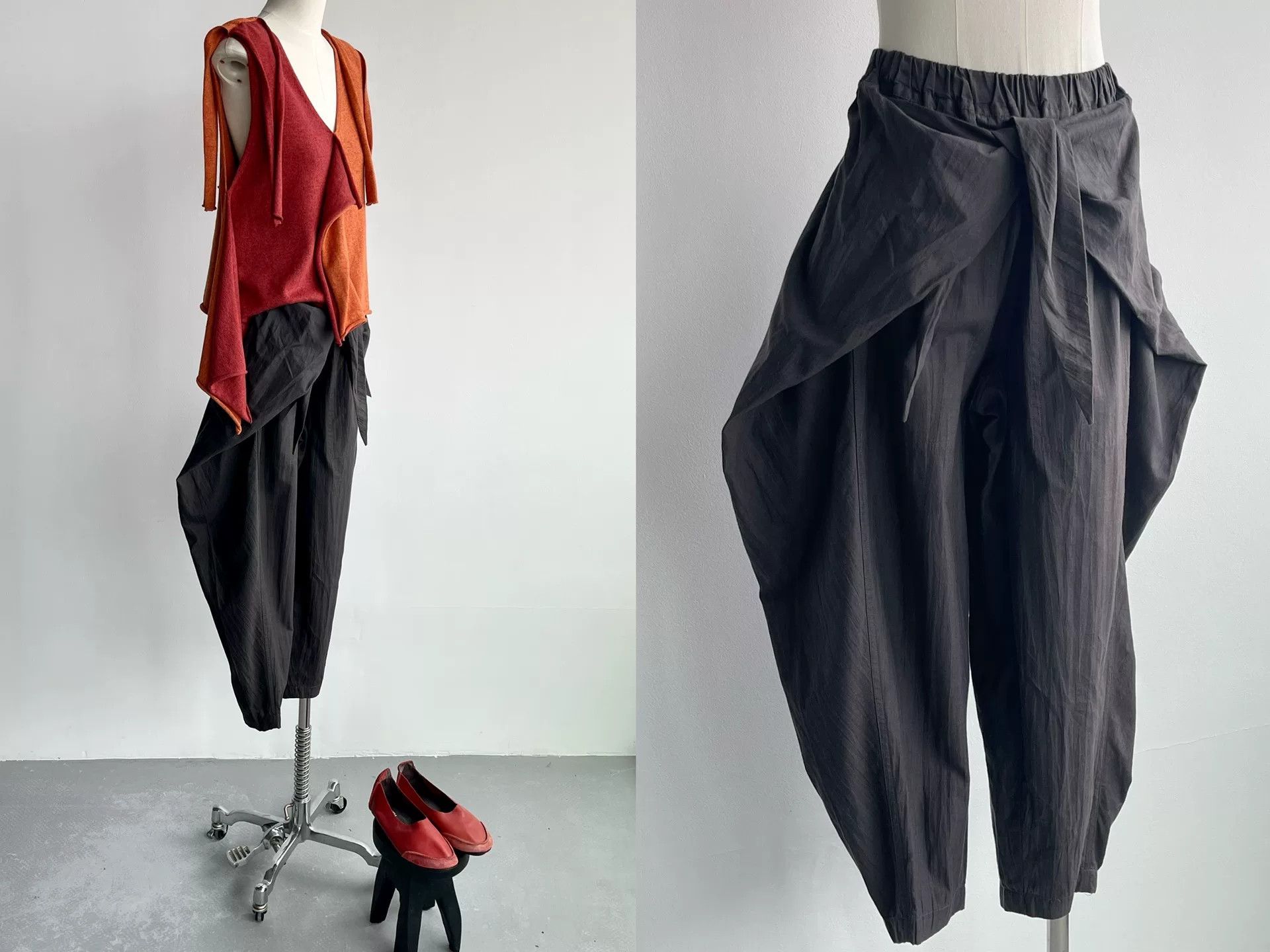 Japanese Brand Gray Wide-Leg Pants with Ties Size 26" / US 2 / IT 38 - 2 Thumbnail
