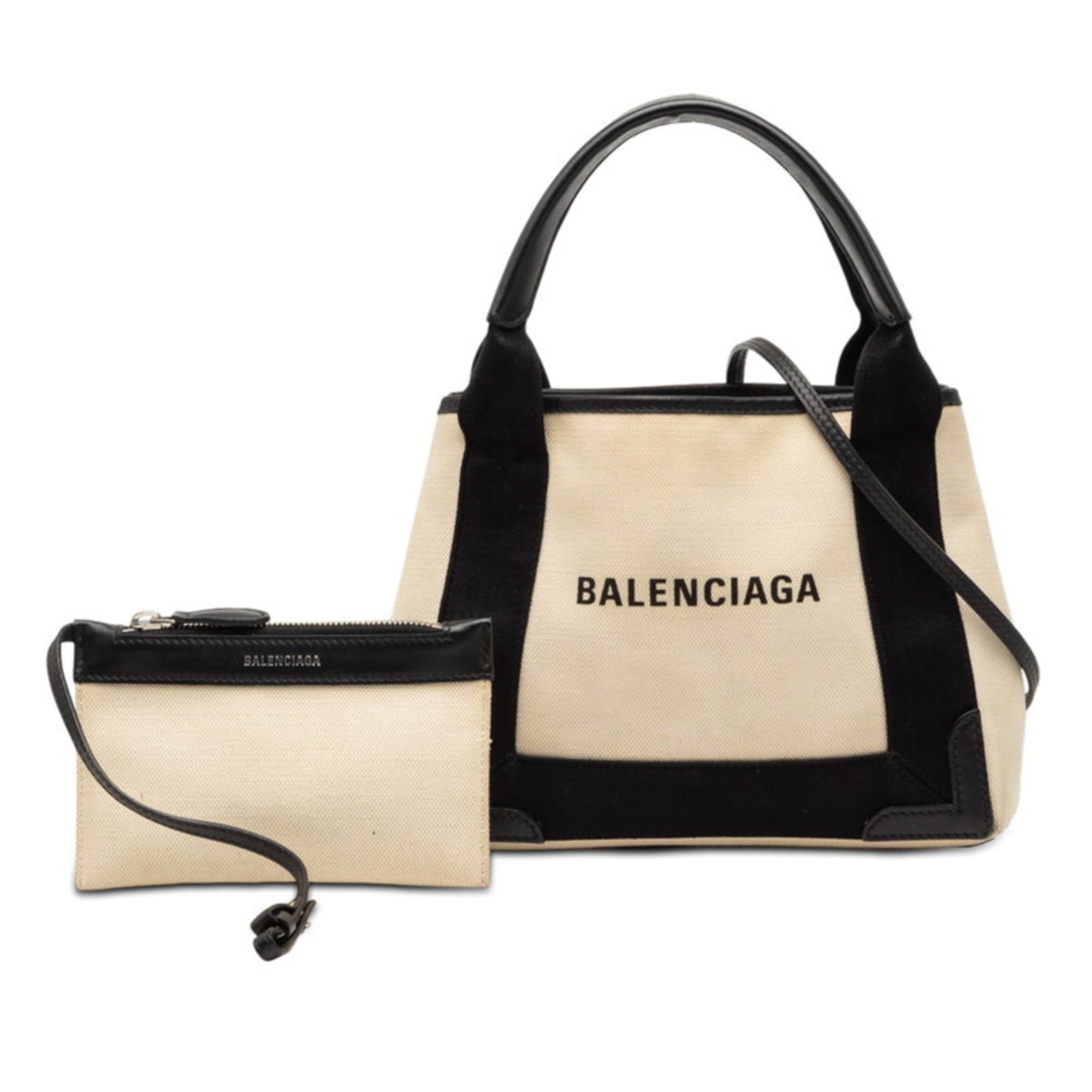 Balenciaga Navy Cabas XS Shoulder/Handbag 2-Way 390346 Ivory Black Canvas Leather Women's BALENCIAGA