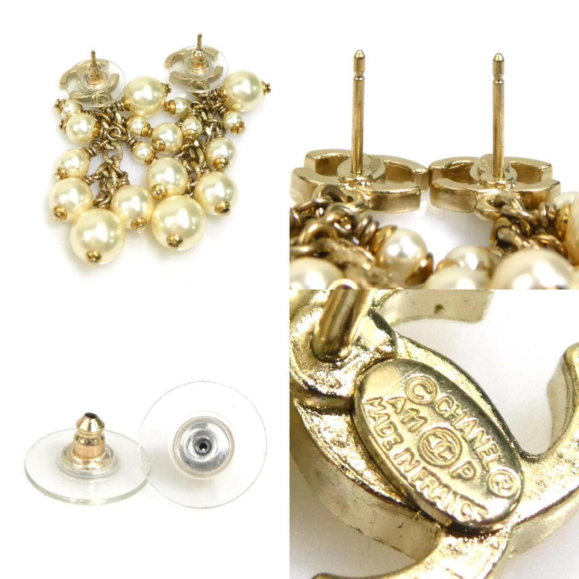 Chanel CHANEL Coco Mark Metal/Faux Pearl Earrings, Gold/Off-White, Women's, e61367a Size ONE SIZE - 5 Thumbnail