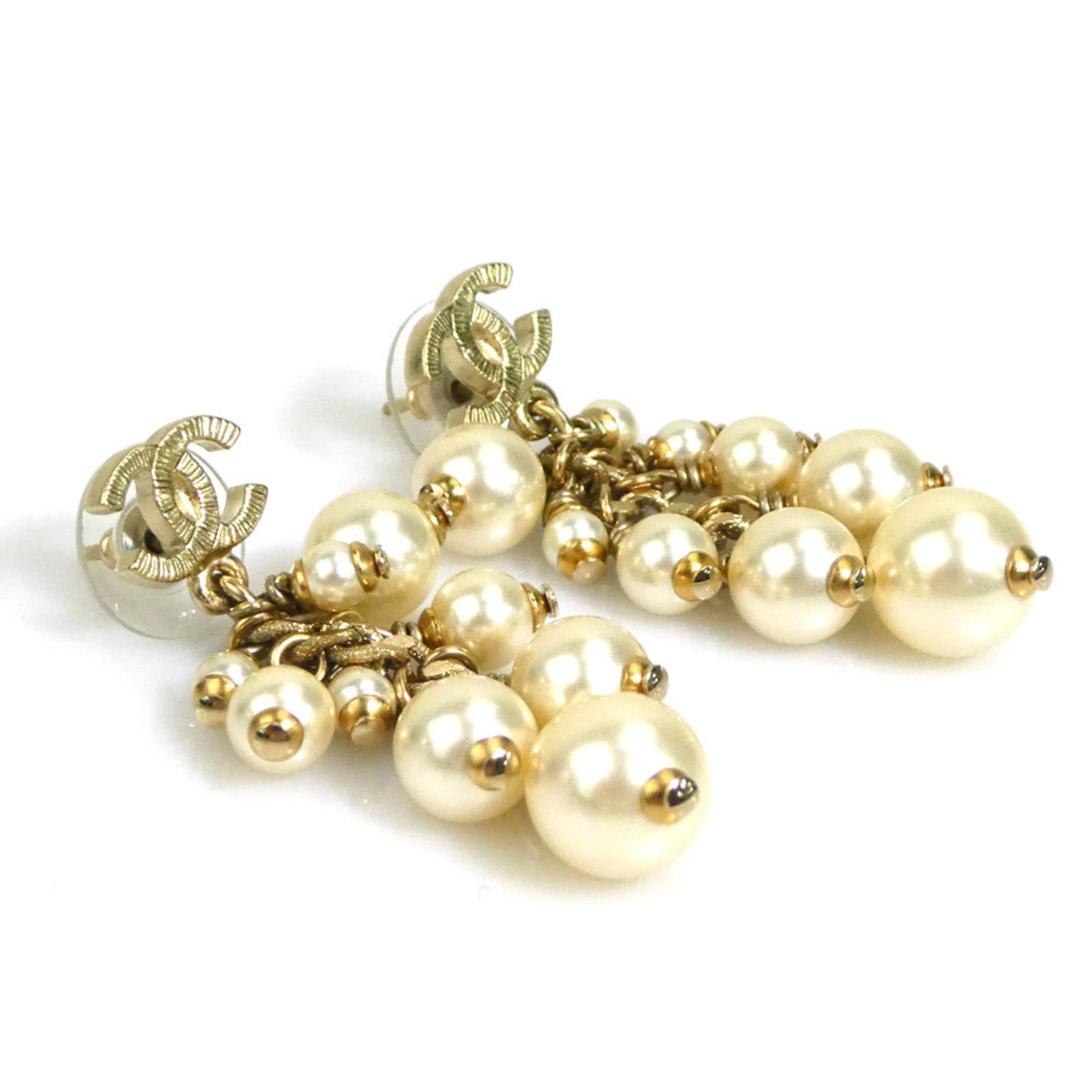Chanel CHANEL Coco Mark Metal/Faux Pearl Earrings, Gold/Off-White, Women's, e61367a Size ONE SIZE - 2 Thumbnail