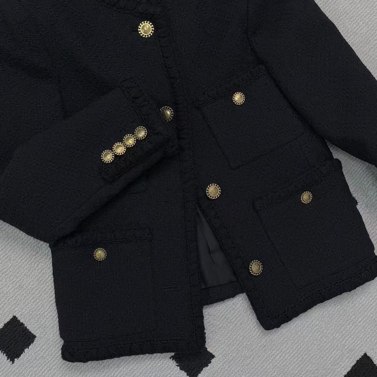 Yves Saint Laurent YSL Black Four-Pocket Gold Button Tweed Coat Size S / US 4 / IT 40 - 6 Thumbnail