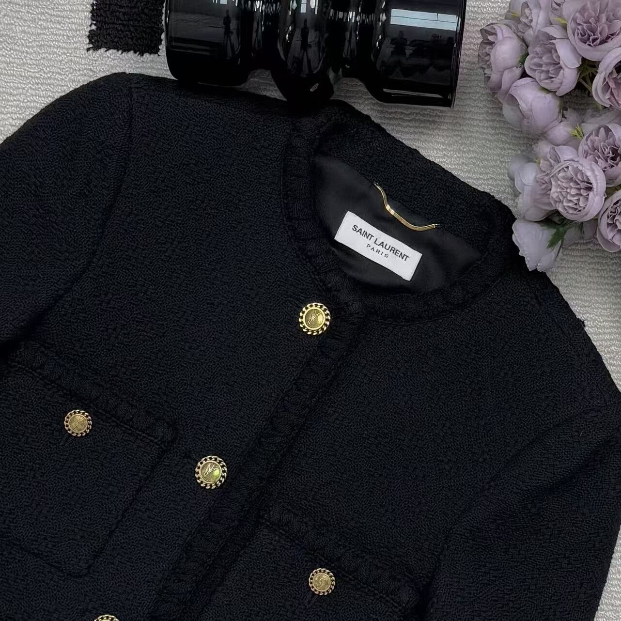 Yves Saint Laurent YSL Black Four-Pocket Gold Button Tweed Coat Size S / US 4 / IT 40 - 4 Thumbnail