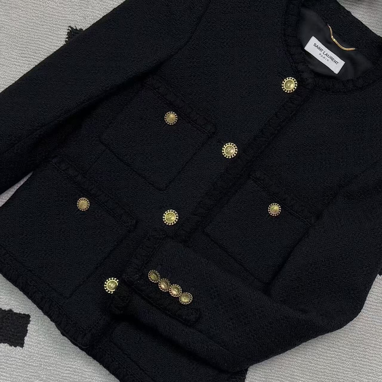 Yves Saint Laurent YSL Black Four-Pocket Gold Button Tweed Coat Size S / US 4 / IT 40 - 5 Thumbnail