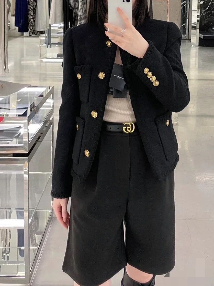 Yves Saint Laurent YSL Black Four-Pocket Gold Button Tweed Coat Size S / US 4 / IT 40 - 3 Thumbnail
