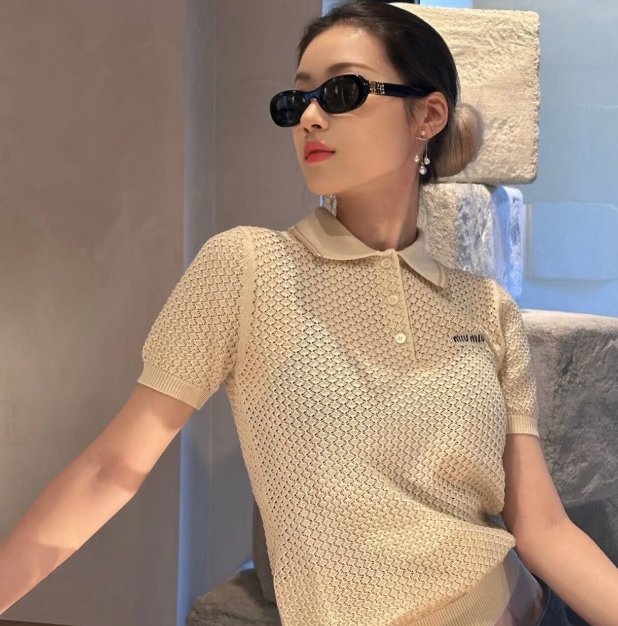 Miu Miu Miu Miu 25 Diamond Knit Polo Short Sleeve Size S / US 4 / IT 40 - 2 Thumbnail