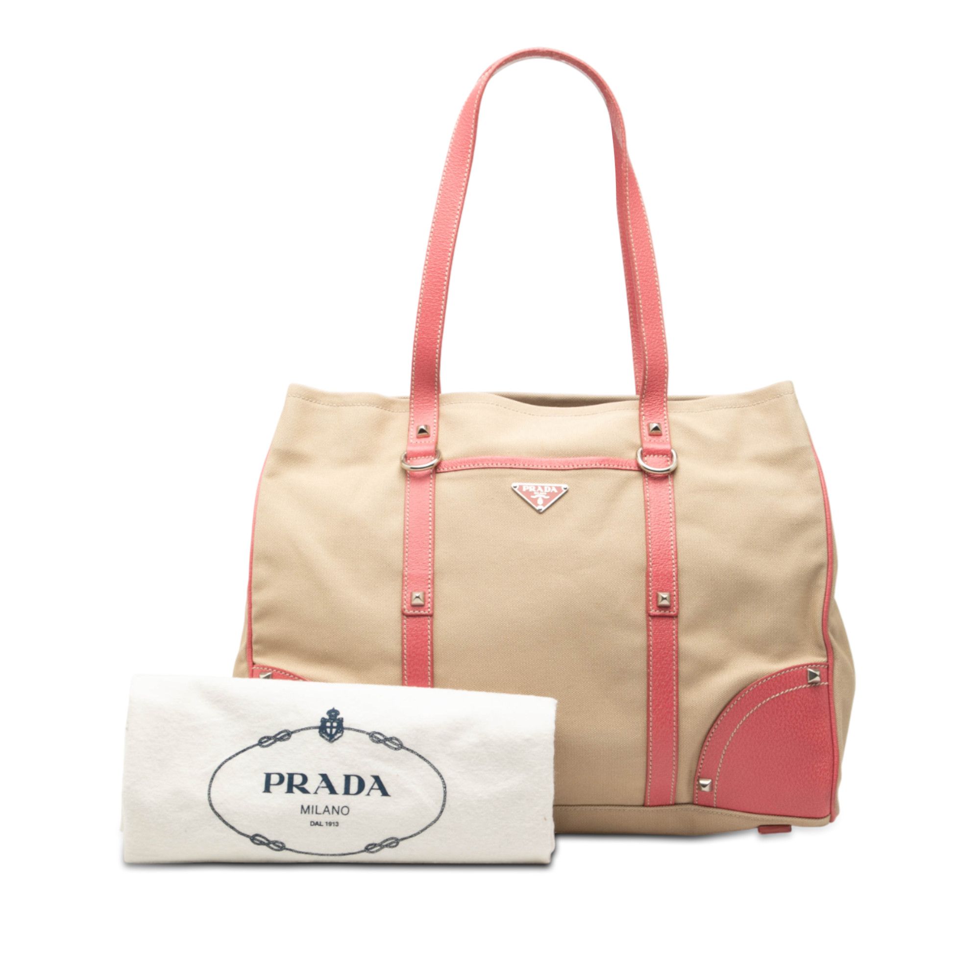 Prada Prada Studded Leather Trimmed Canvas Front Pocket Tote Size ONE SIZE - 7 Thumbnail