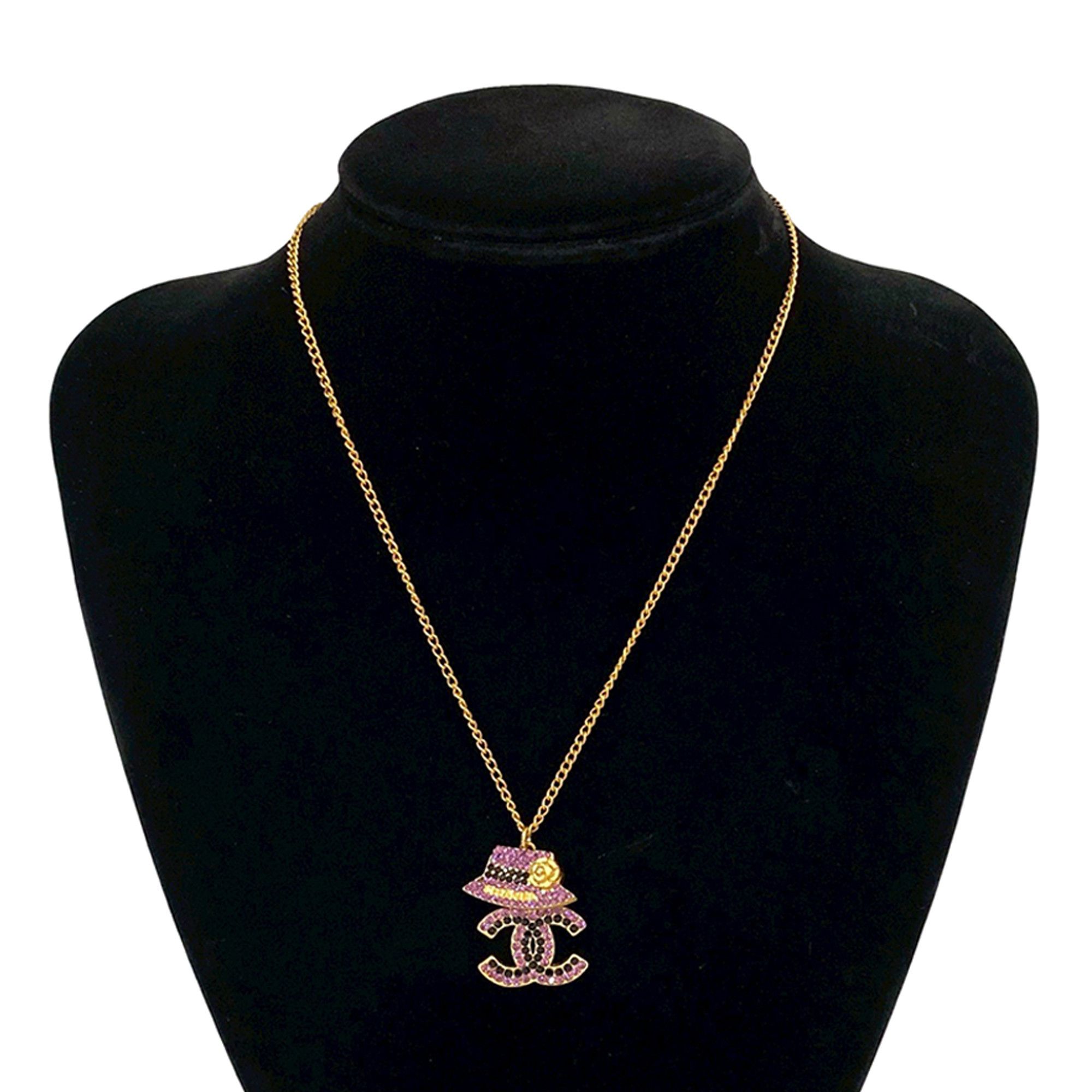 Chanel Chanel Gold Plated Rhinestone CC and Camellia Hat Pendant Necklace Size ONE SIZE - 5 Thumbnail