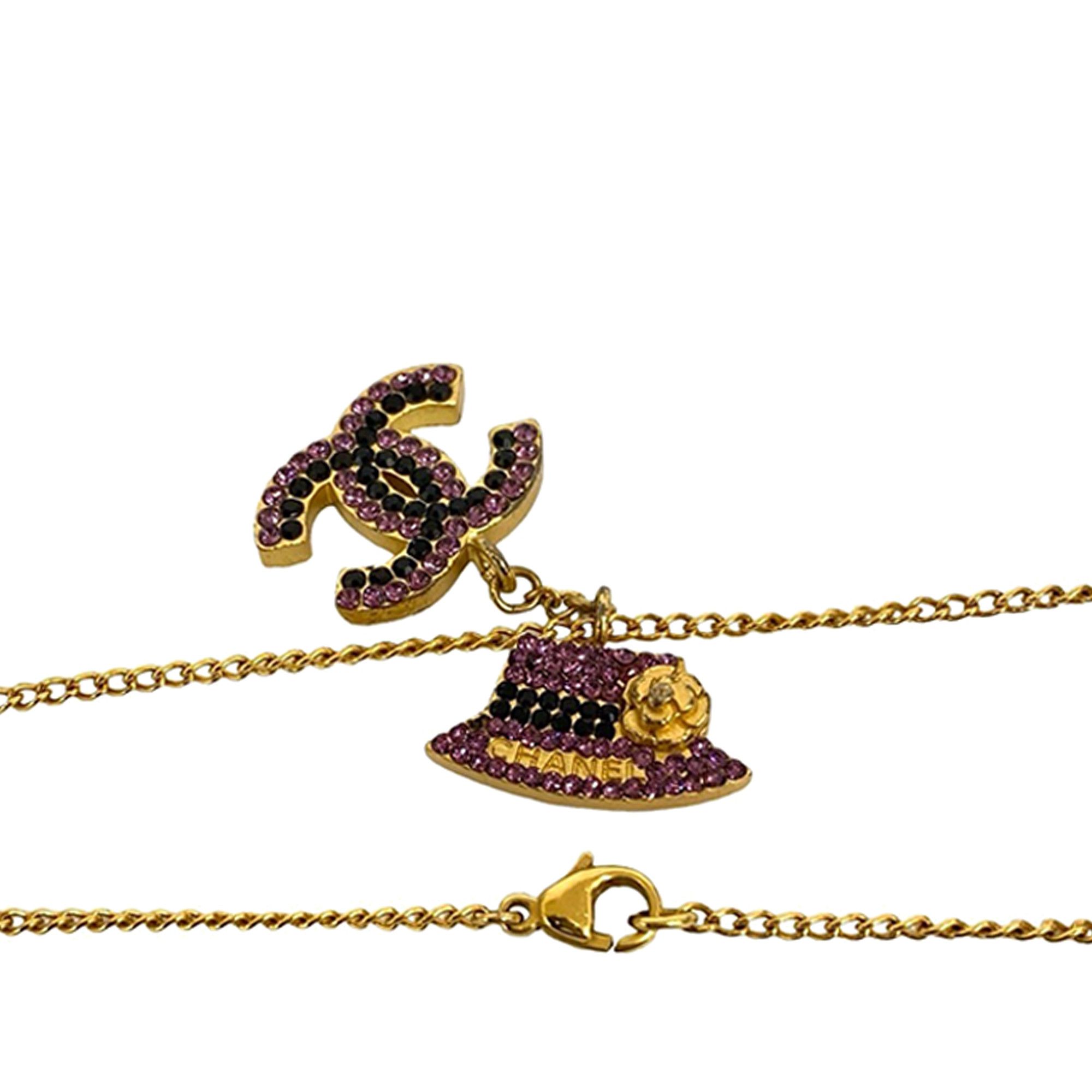 Chanel Chanel Gold Plated Rhinestone CC and Camellia Hat Pendant Necklace Size ONE SIZE - 4 Thumbnail