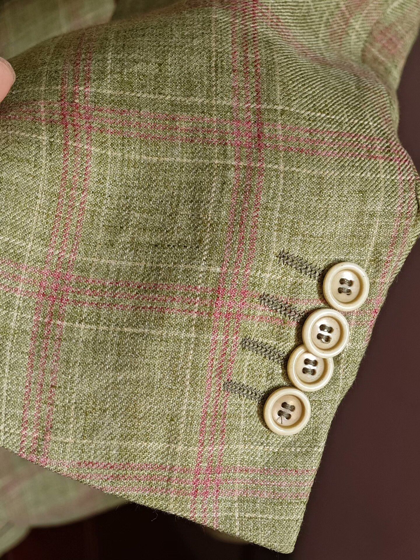 Pal Zileri Italian Green Linen Blazer with Pink Check Size US M / EU 48-50 / 2 - 4 Thumbnail
