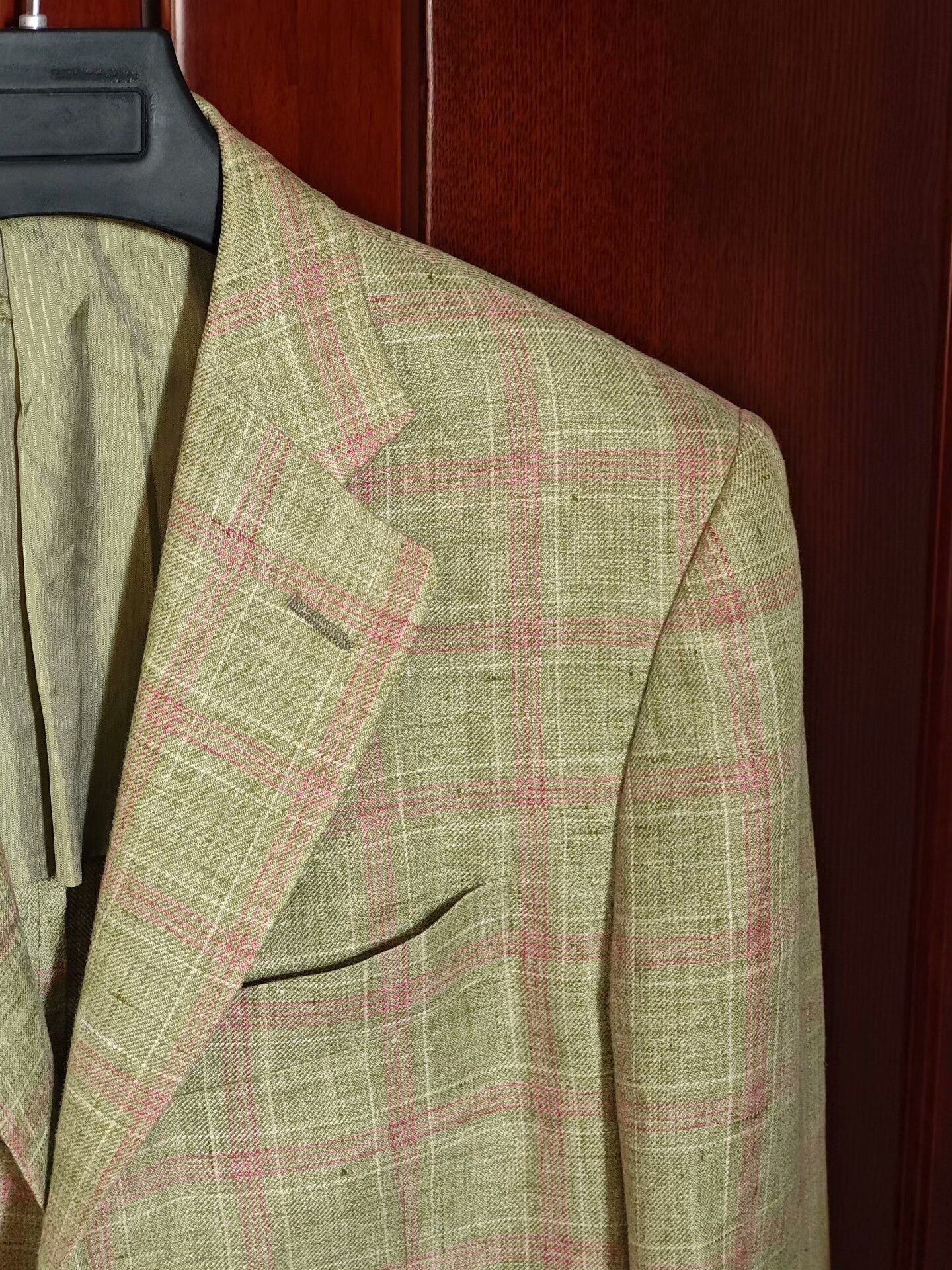 Pal Zileri Italian Green Linen Blazer with Pink Check Size US M / EU 48-50 / 2 - 2 Thumbnail