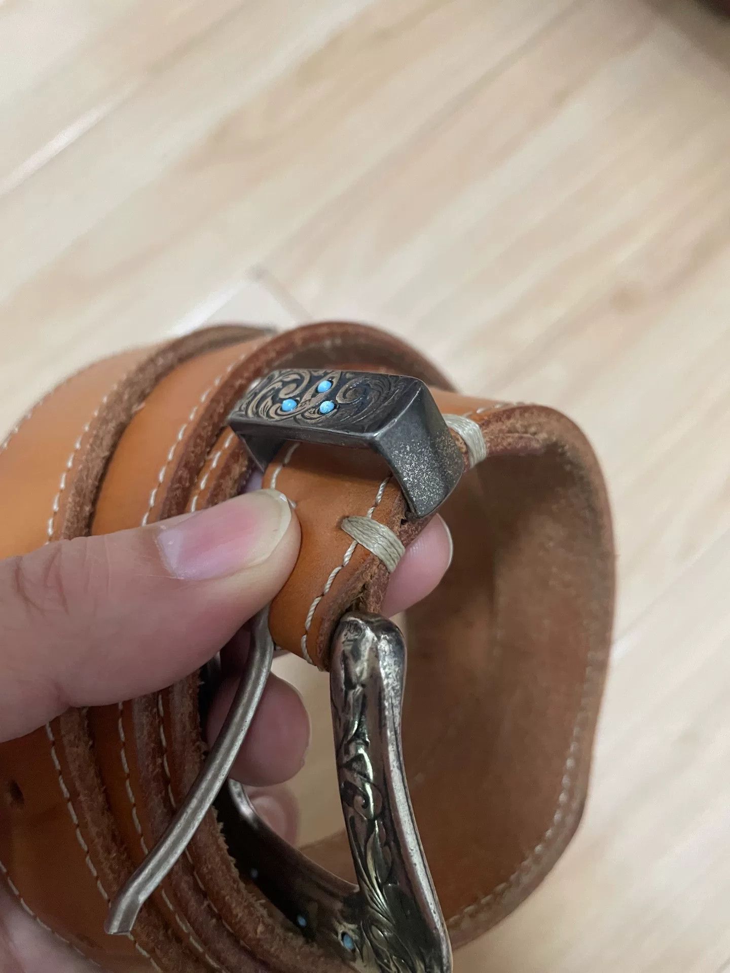 Japanese Brand Handmade Italian Turquoise Inlaid Leather Belt Size ONE SIZE - 6 Thumbnail