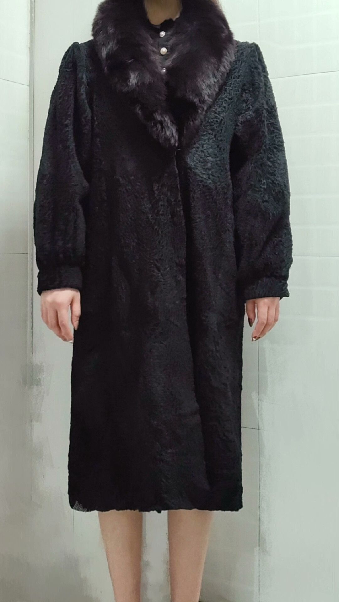 Japanese Brand Black Persian Wool Fur Coat with Fox Collar Size L / US 10 / IT 46 - 2 Thumbnail