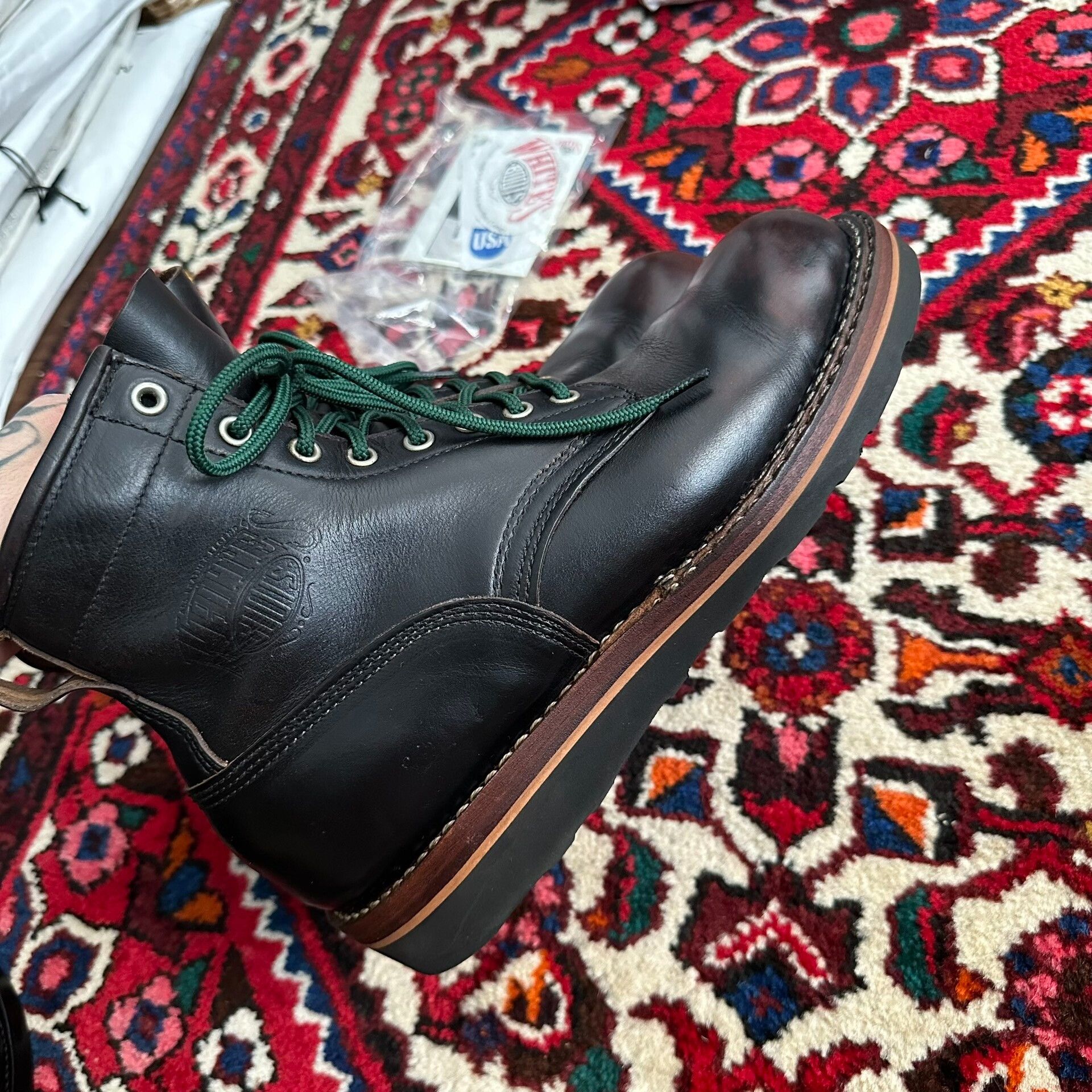White's Boots Black Leather Boots with Green Laces Size US 8.5 / EU 41-42 - 4 Thumbnail