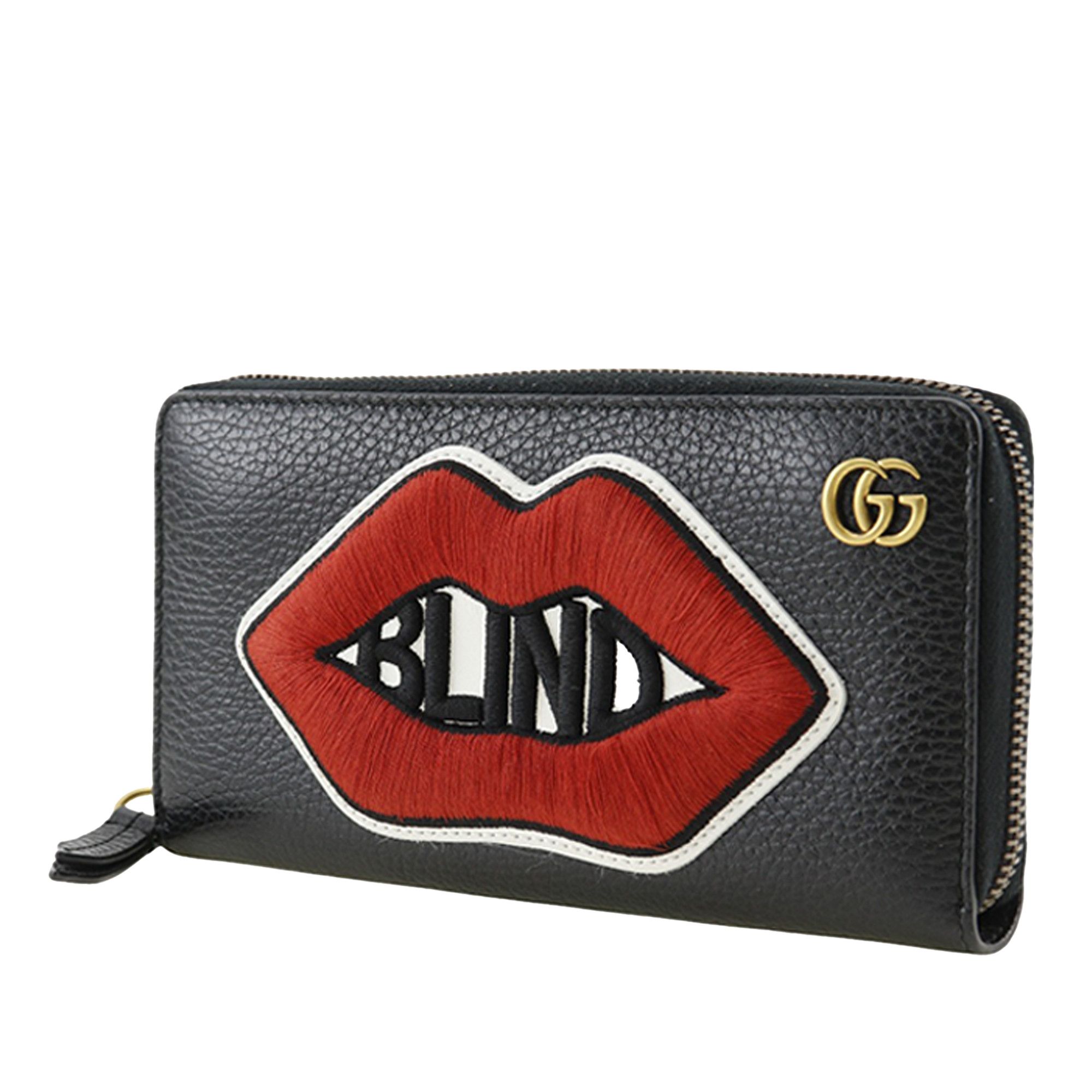 Gucci Gucci GG Marmont Pebbled Calfskin Embroidered Blind For Love Zip Around Wallet Size ONE SIZE - 2 Thumbnail