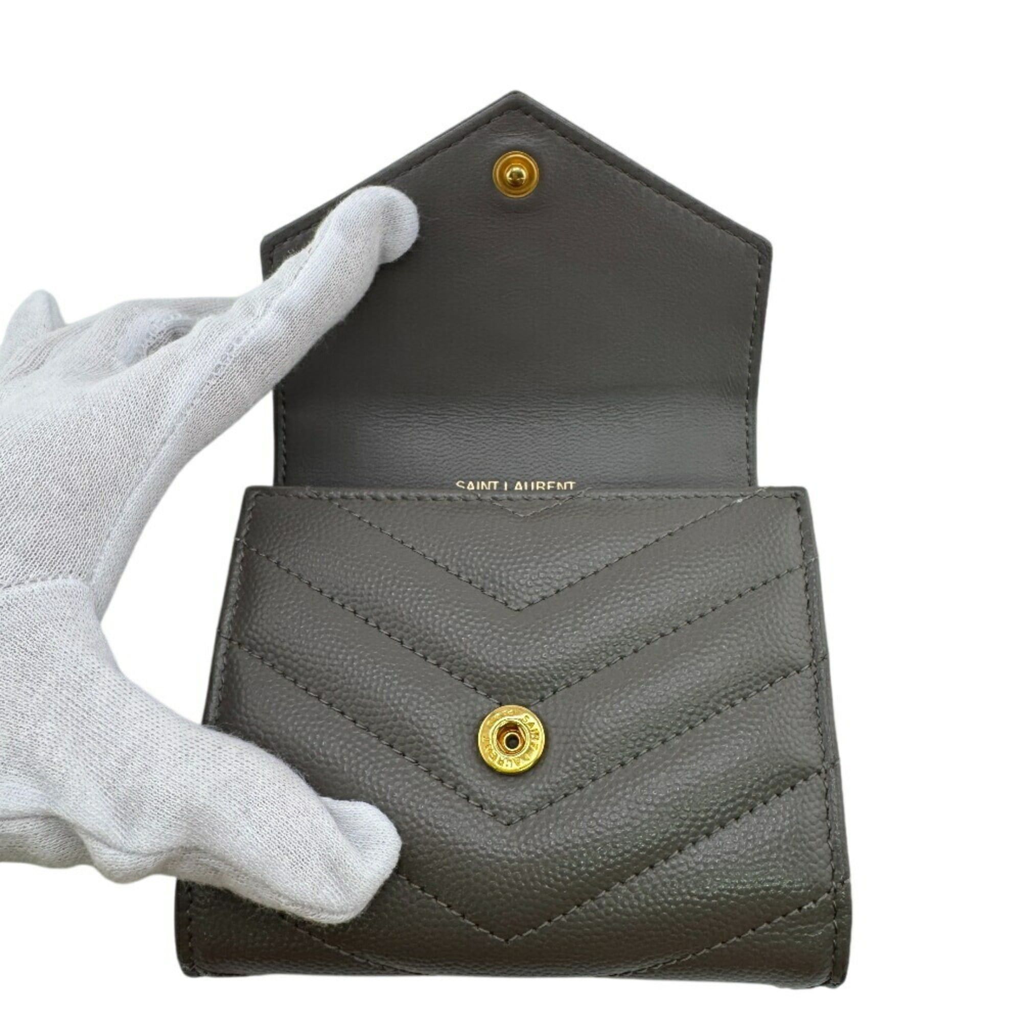 Saint Laurent Paris SAINT LAURENT MRT692061 V-Stitch Tri-Fold Wallet, Gray, Women's Size ONE SIZE - 7 Thumbnail