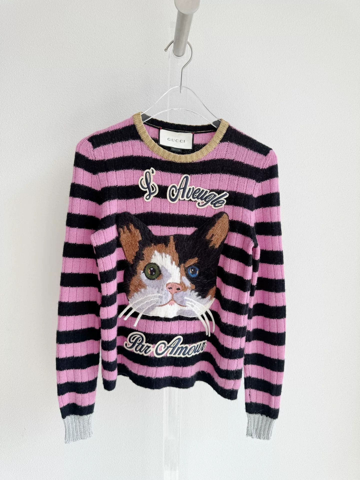 Gucci Gucci Pink Striped Cat Embroidery Sweater Size XXS / US 00 / IT 34 - 2 Thumbnail