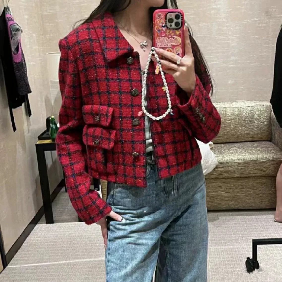 Chanel Chanel 22K Red Black Plaid Jacket Size XXS / US 00 / IT 34 - 5 Thumbnail