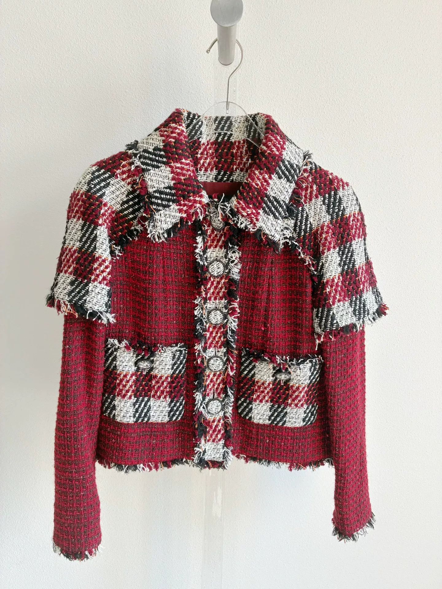 Chanel Chanel Red Plaid Fringe Tweed Jacket Size XXS / US 00 / IT 34 - 2 Thumbnail