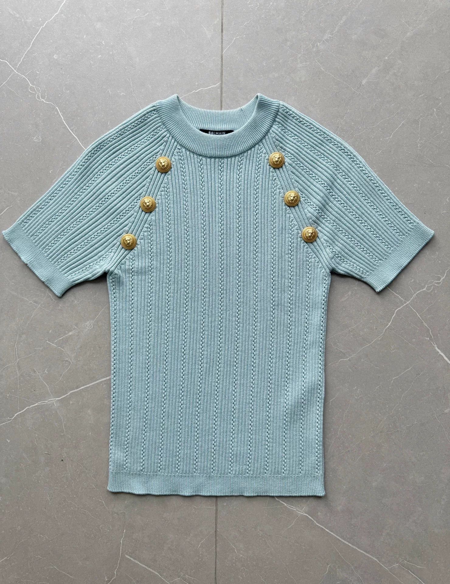 Balmain Balmain Light Blue Short-Sleeve Knit Top Size S / US 4 / IT 40 - 2 Thumbnail