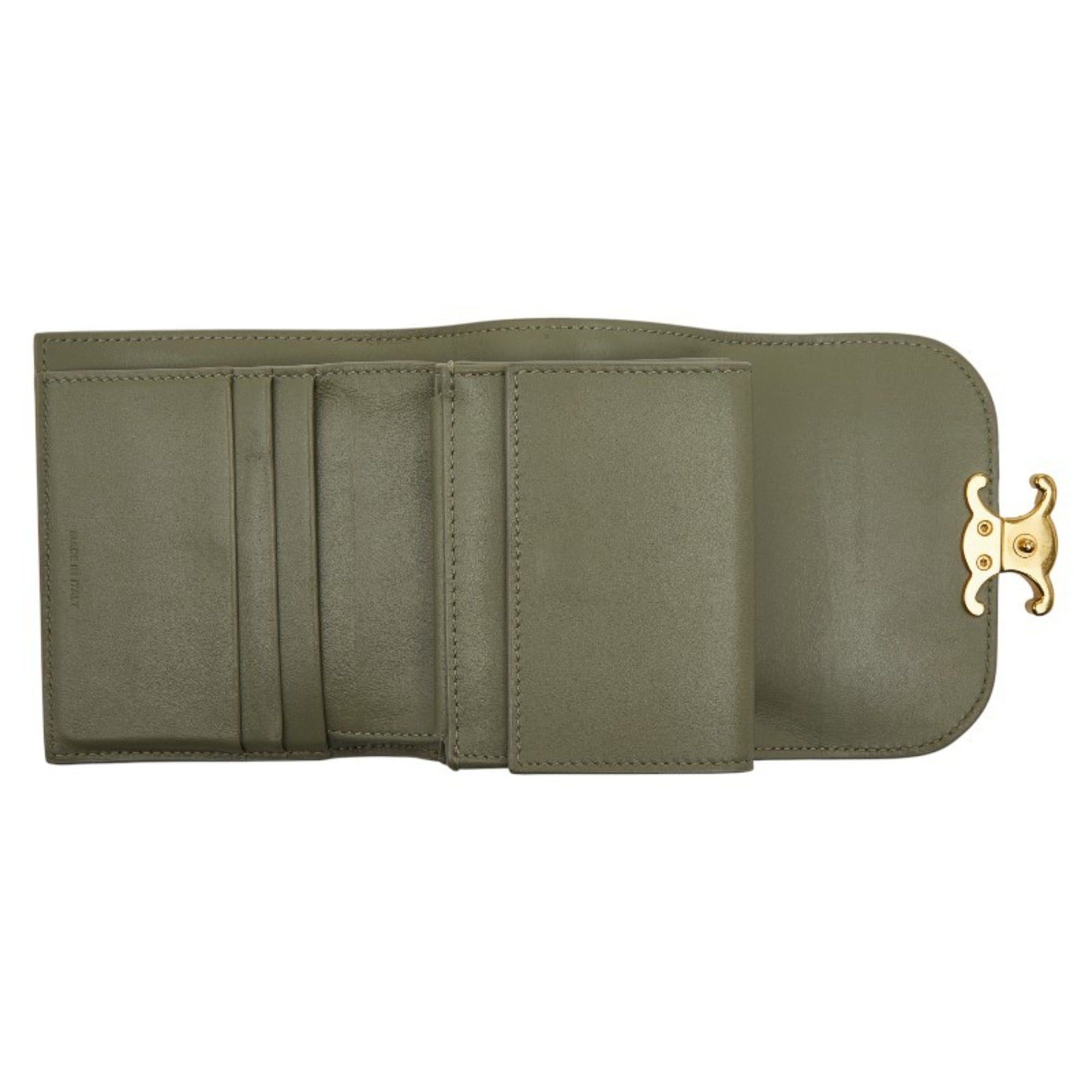 Celine Celine Triomphe Compact Wallet, Tri-fold Golden Khaki and Green Leather, Women's, CELINE Size ONE SIZE - 4 Thumbnail