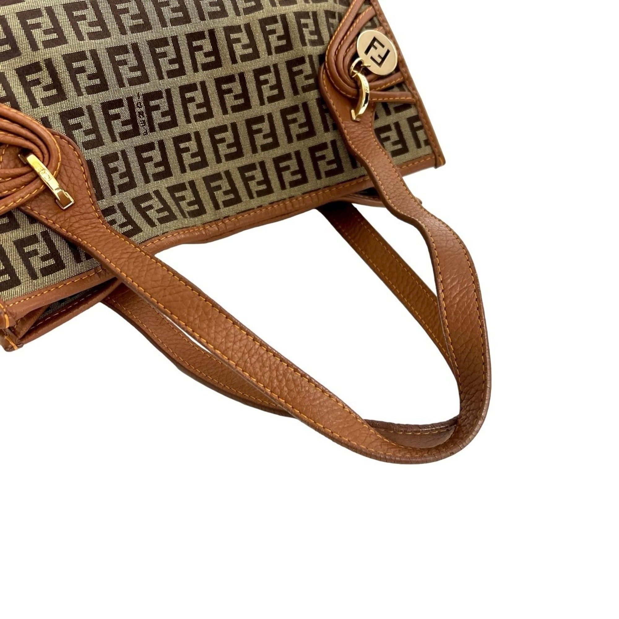 Fendi FENDI Zucchino FF Logo Canvas and Leather Handbag Mini Tote Bag Brown 254-7 Size ONE SIZE - 4 Thumbnail