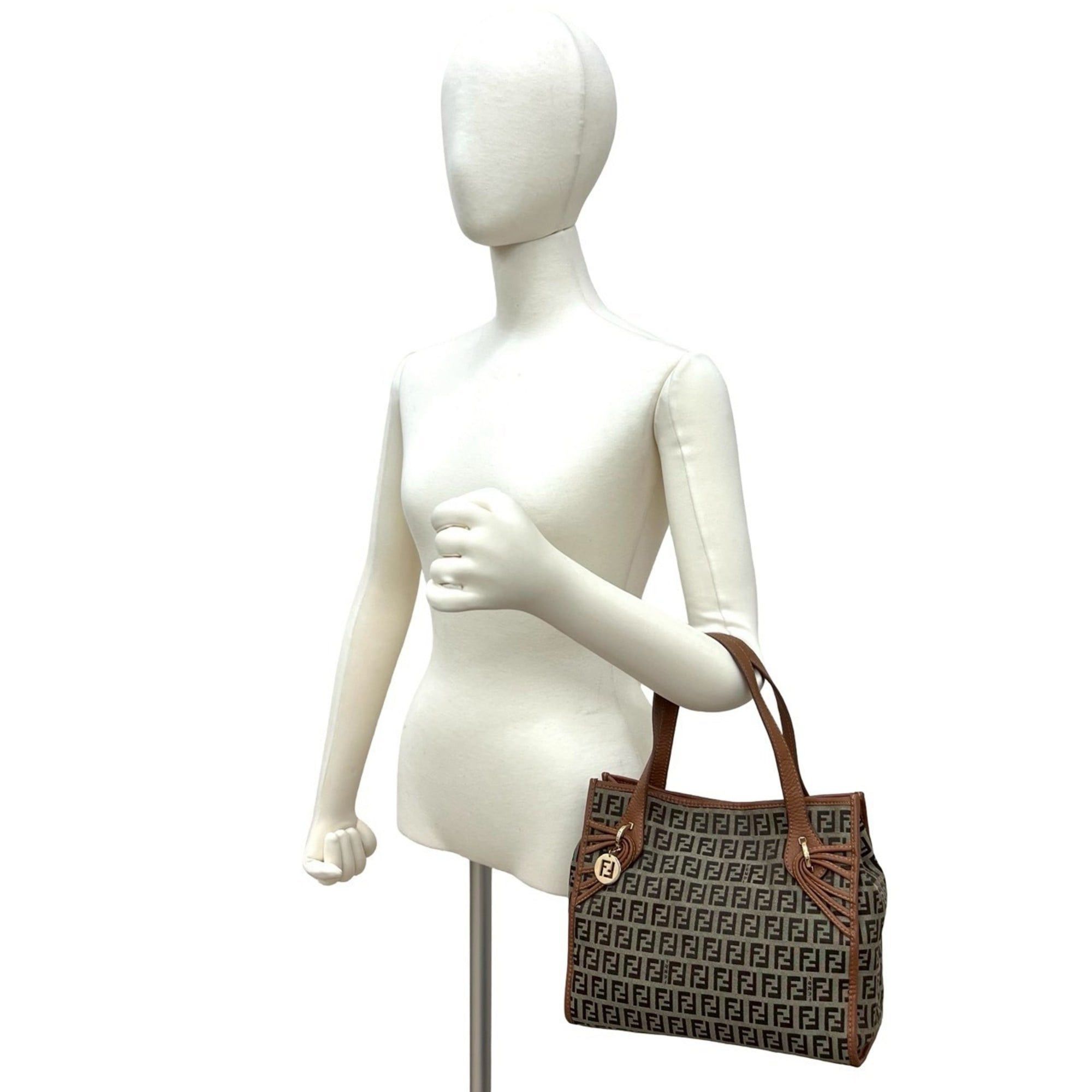 Fendi FENDI Zucchino FF Logo Canvas and Leather Handbag Mini Tote Bag Brown 254-7 Size ONE SIZE - 2 Thumbnail