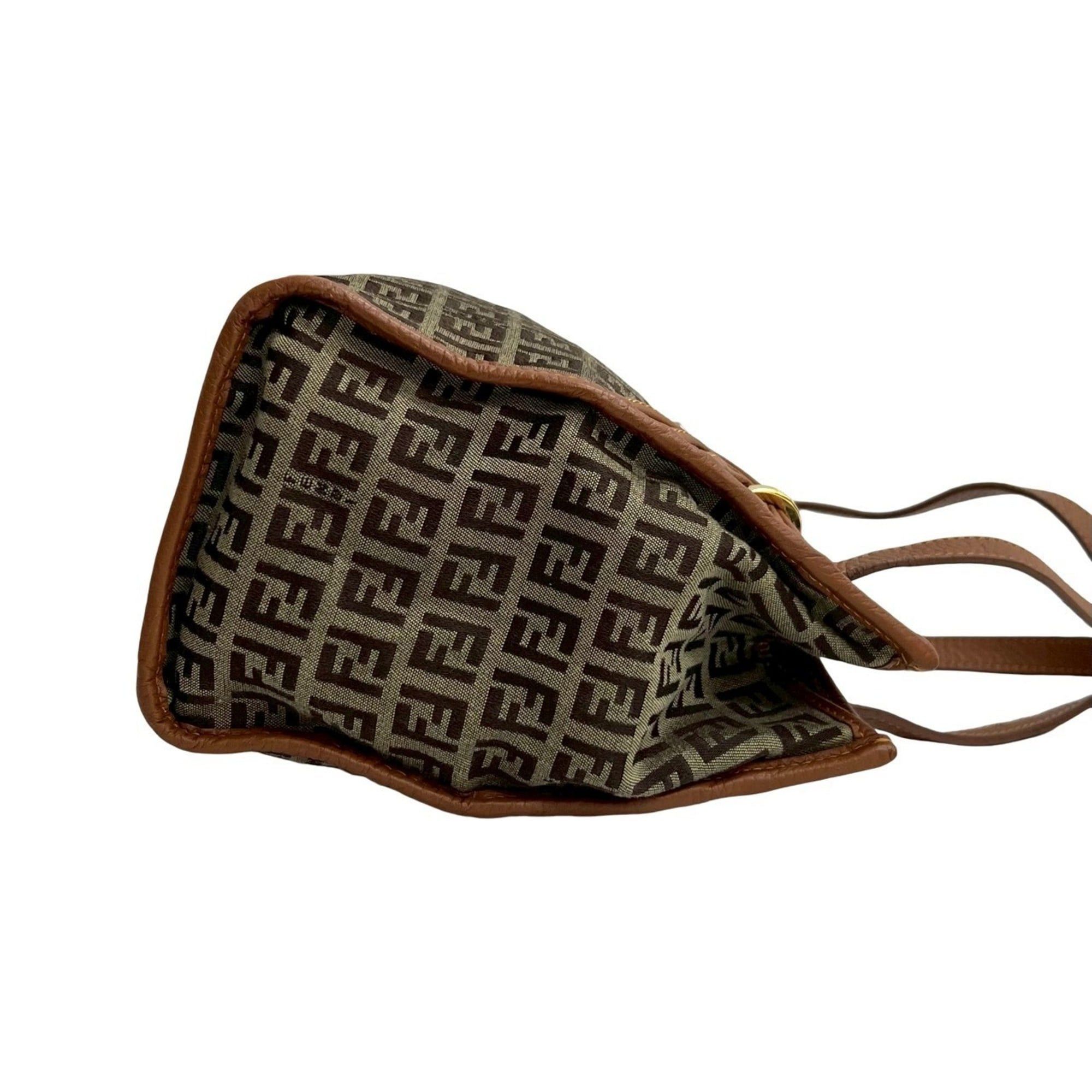 Fendi FENDI Zucchino FF Logo Canvas and Leather Handbag Mini Tote Bag Brown 254-7 Size ONE SIZE - 6 Thumbnail
