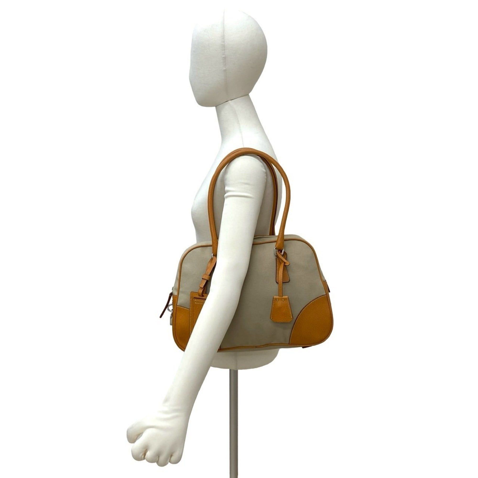 Prada PRADA Triangle Logo Canvas and Leather Tote Bag, Semi-Shoulder Mini Boston Beige 2148a Size ONE SIZE - 2 Thumbnail