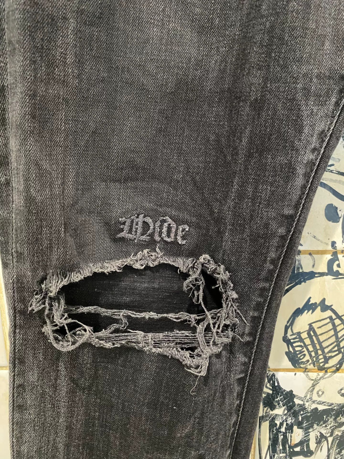 Represent Clo. Italian Black Distressed Embroidered Denim Pants Size US 32 / EU 48 - 3 Thumbnail