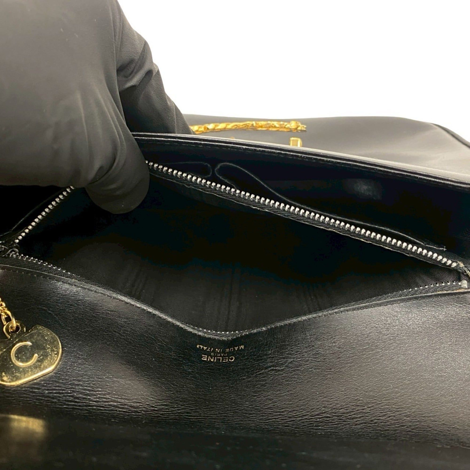 Celine CELINE Ribbon Motif Calf Leather Shoulder Bag/Pochette/Sacoche Black 2160a Size ONE SIZE - 10 Thumbnail