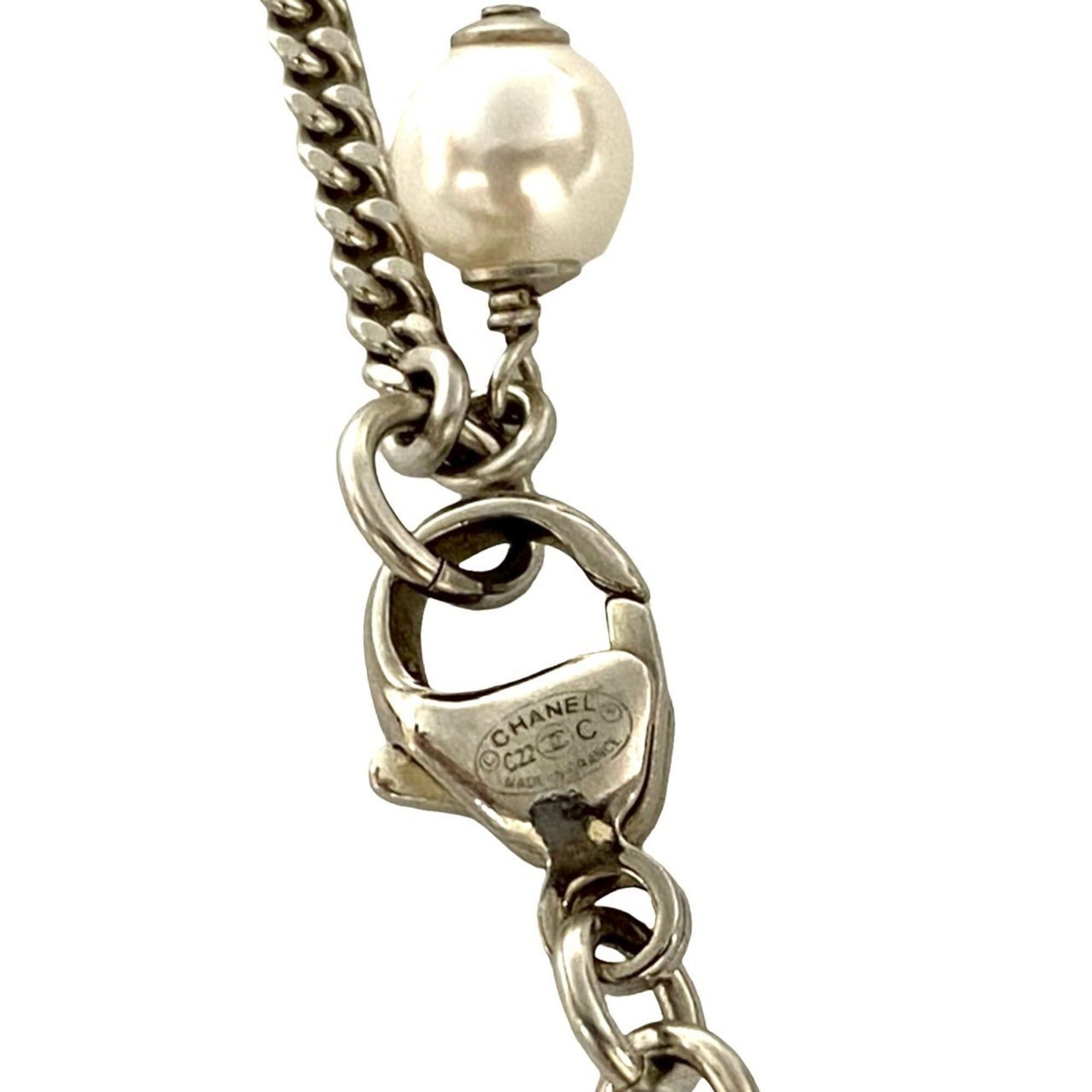 Chanel CHANEL Coco Mark Metal Rhinestone and Faux Pearl Necklace Pendant in Silver 05853 Size ONE SIZE - 2 Thumbnail