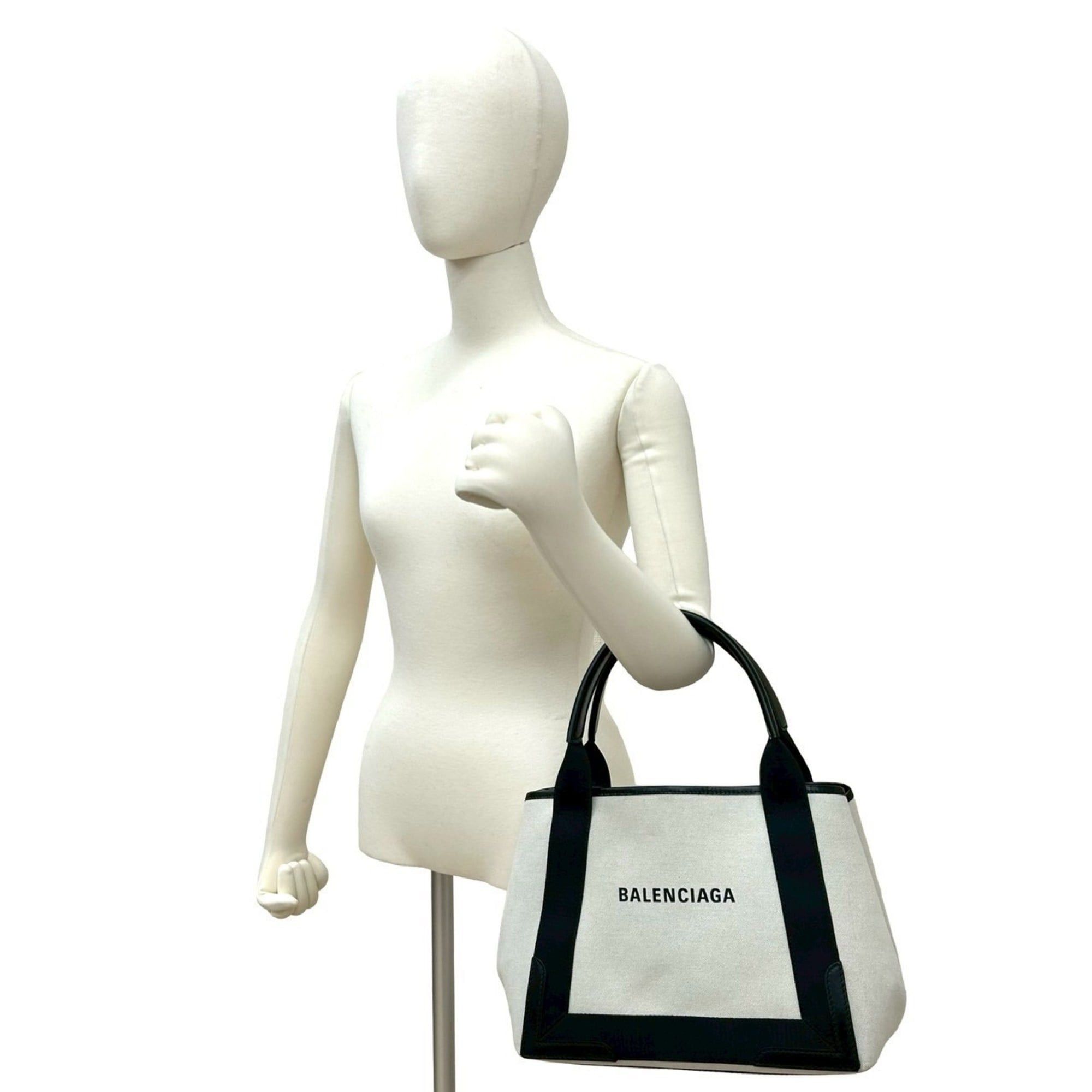 Balenciaga BALENCIAGA Navy Cabas S Logo Canvas and Leather Tote Bag, Ivory Black, 28716 Size ONE SIZE - 2 Thumbnail
