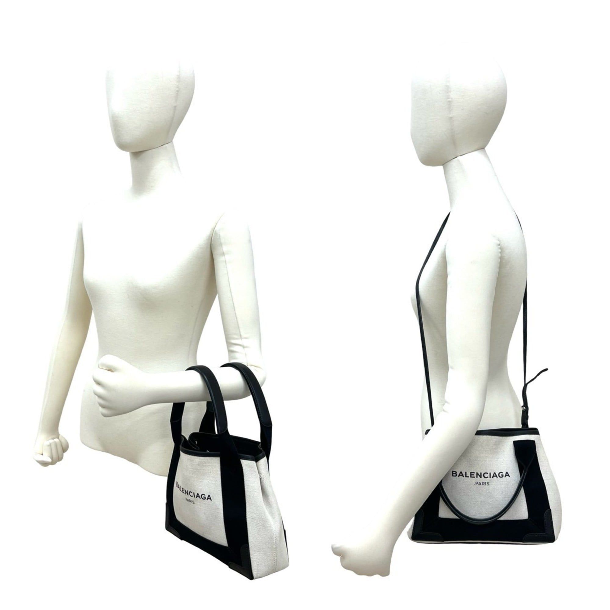 Balenciaga BALENCIAGA Navy Cabas S Canvas and Leather 2-Way Shoulder/Handbag, Ivory/Black, 39121 Size ONE SIZE - 2 Thumbnail