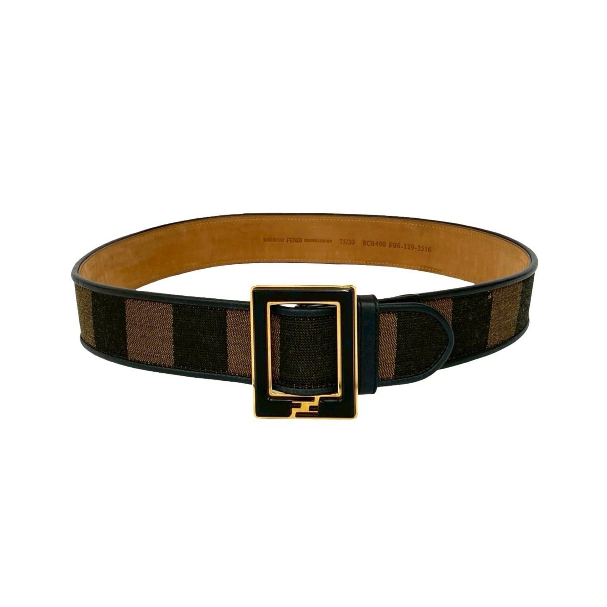 Fendi FENDI Pecan Stripe FF Logo Buckle Canvas and Leather Belt, Black/Brown, 46240 Size ONE SIZE - 4 Thumbnail