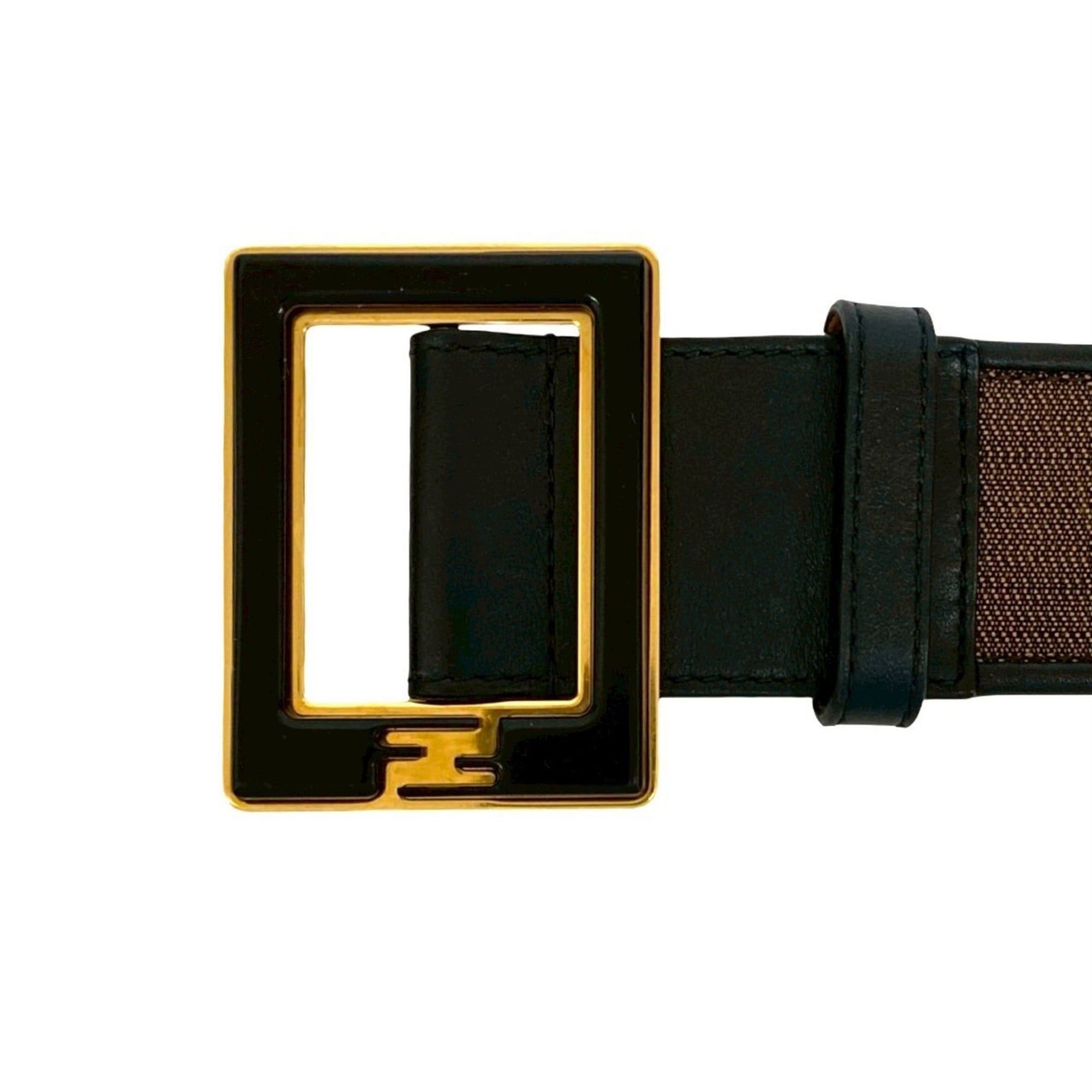 Fendi FENDI Pecan Stripe FF Logo Buckle Canvas and Leather Belt, Black/Brown, 46240 Size ONE SIZE - 2 Thumbnail