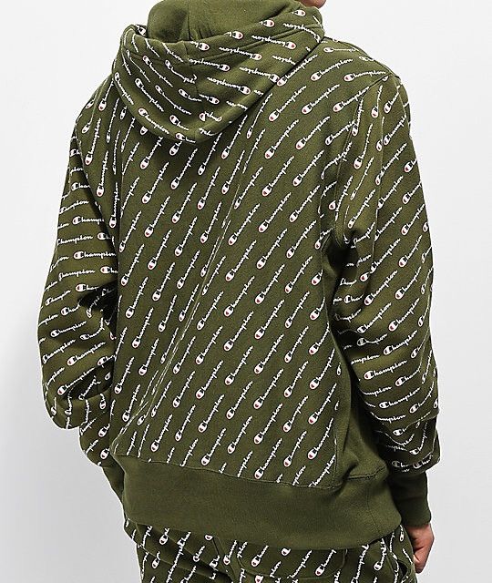 Champion Olive Green All Over Print Champion Hoodie Grailed