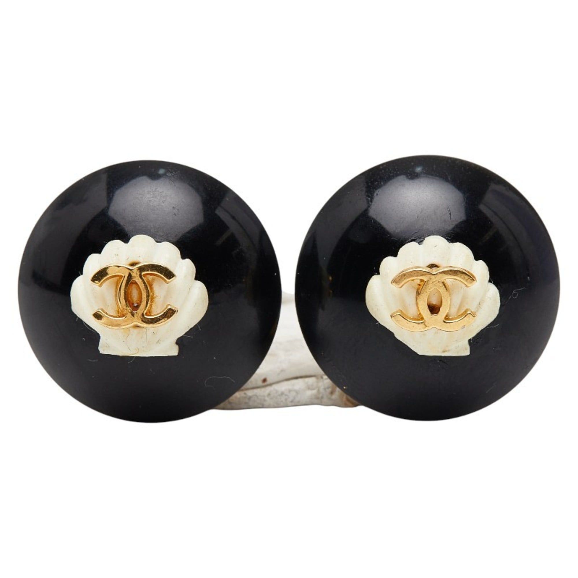 Chanel CHANEL Coco Mark Shell Vintage Earrings, Black Gold Plastic Plated, Women's Size ONE SIZE - 2 Thumbnail