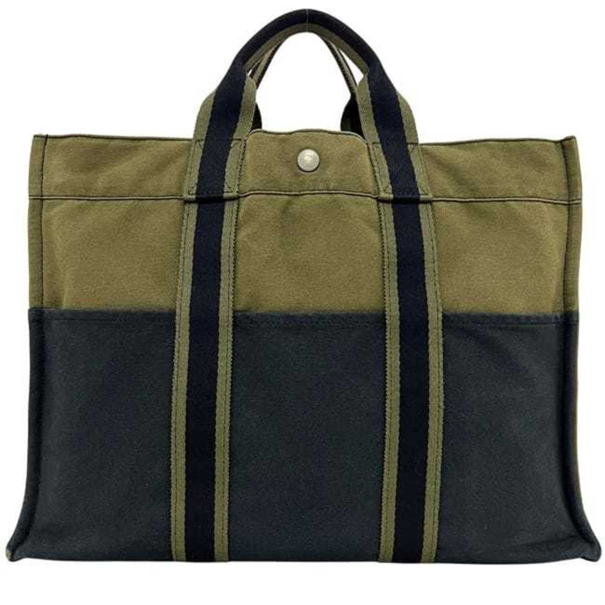 Hermes Hermes Hermès Foule Tote MM Bag (ec-24888) in khaki green and navy blue canvas. Available two-tone, dark blue. A4 size. Suitable for both men women. Size ONE SIZE - 9 Thumbnail