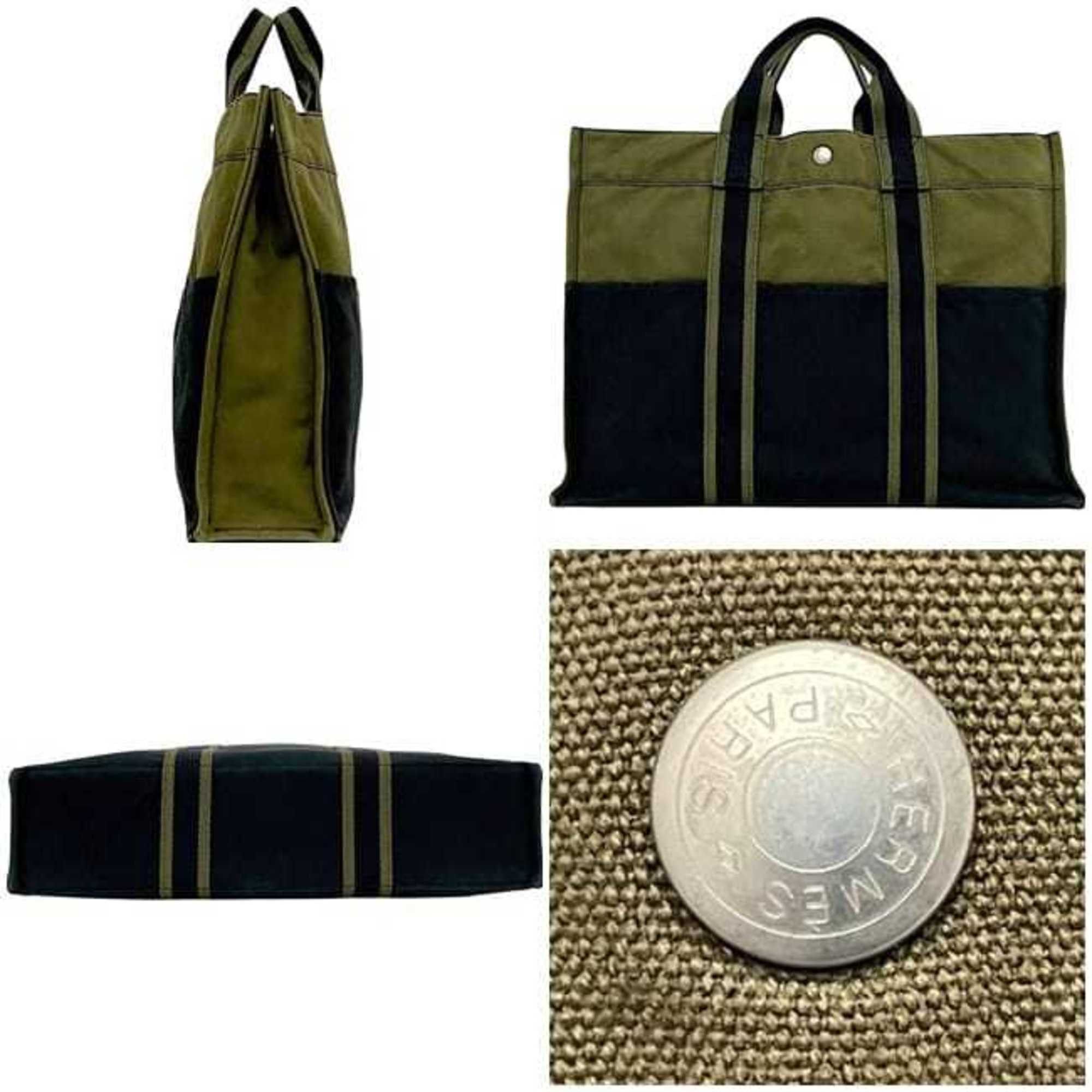 Hermes Hermes Hermès Foule Tote MM Bag (ec-24888) in khaki green and navy blue canvas. Available two-tone, dark blue. A4 size. Suitable for both men women. Size ONE SIZE - 3 Thumbnail