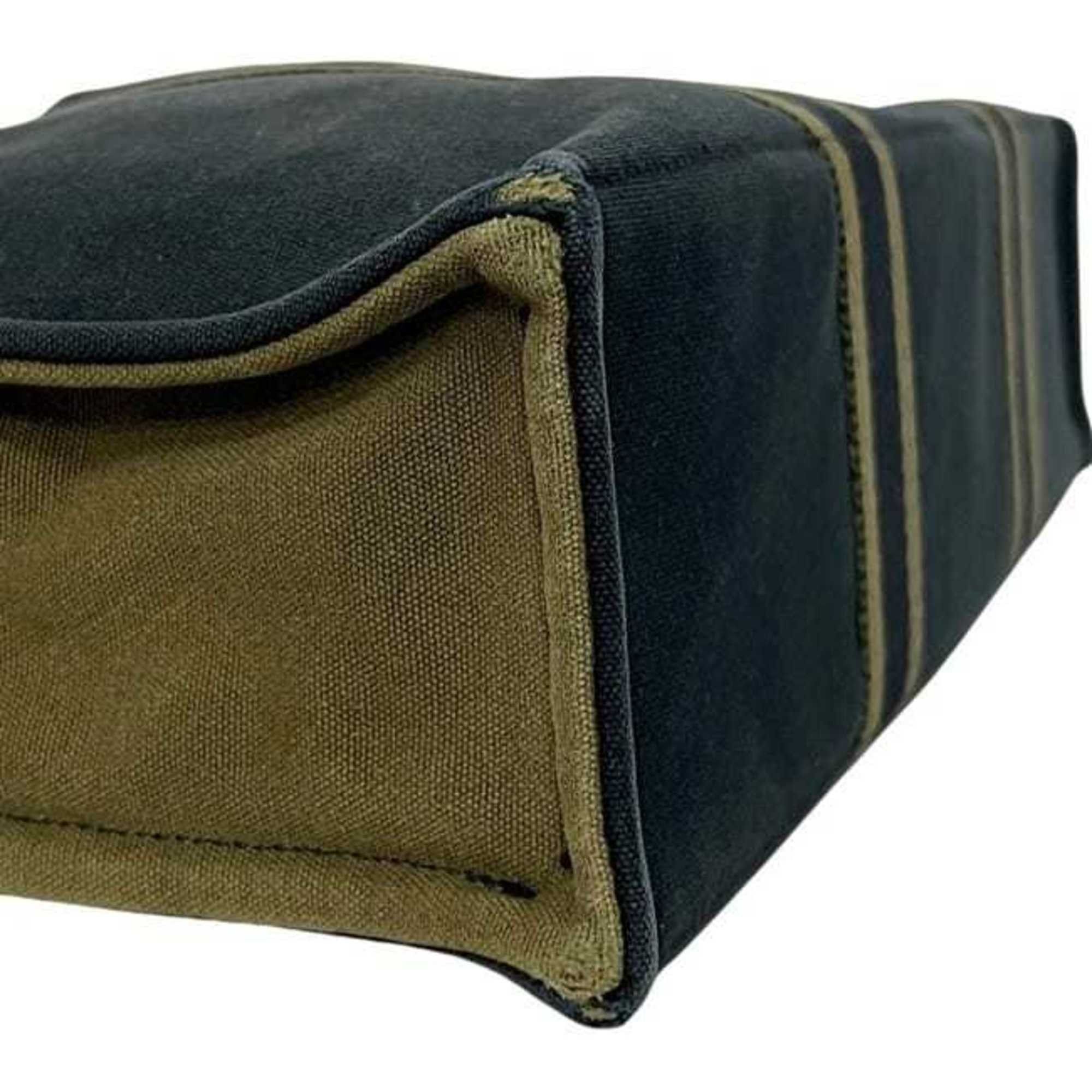 Hermes Hermes Hermès Foule Tote MM Bag (ec-24888) in khaki green and navy blue canvas. Available two-tone, dark blue. A4 size. Suitable for both men women. Size ONE SIZE - 11 Thumbnail