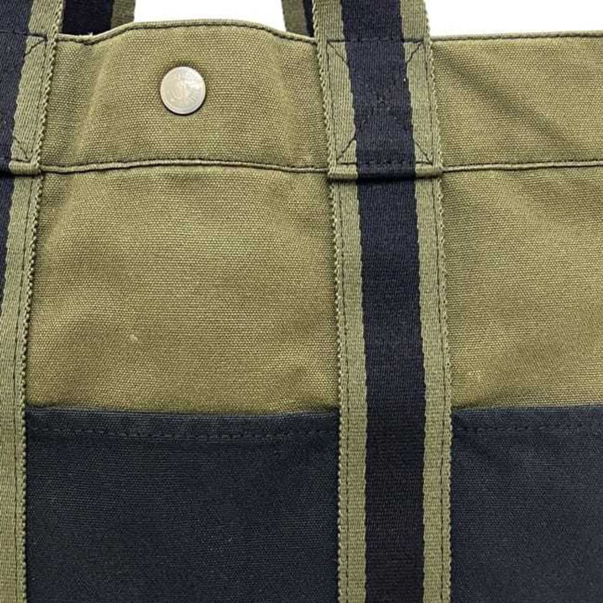 Hermes Hermes Hermès Foule Tote MM Bag (ec-24888) in khaki green and navy blue canvas. Available two-tone, dark blue. A4 size. Suitable for both men women. Size ONE SIZE - 8 Thumbnail