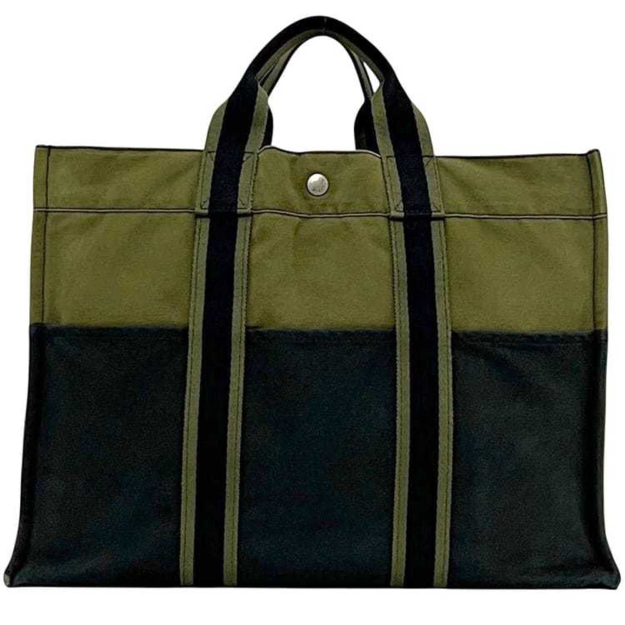 Hermes Hermes Hermès Foule Tote MM Bag (ec-24888) in khaki green and navy blue canvas. Available two-tone, dark blue. A4 size. Suitable for both men women. Size ONE SIZE - 2 Thumbnail