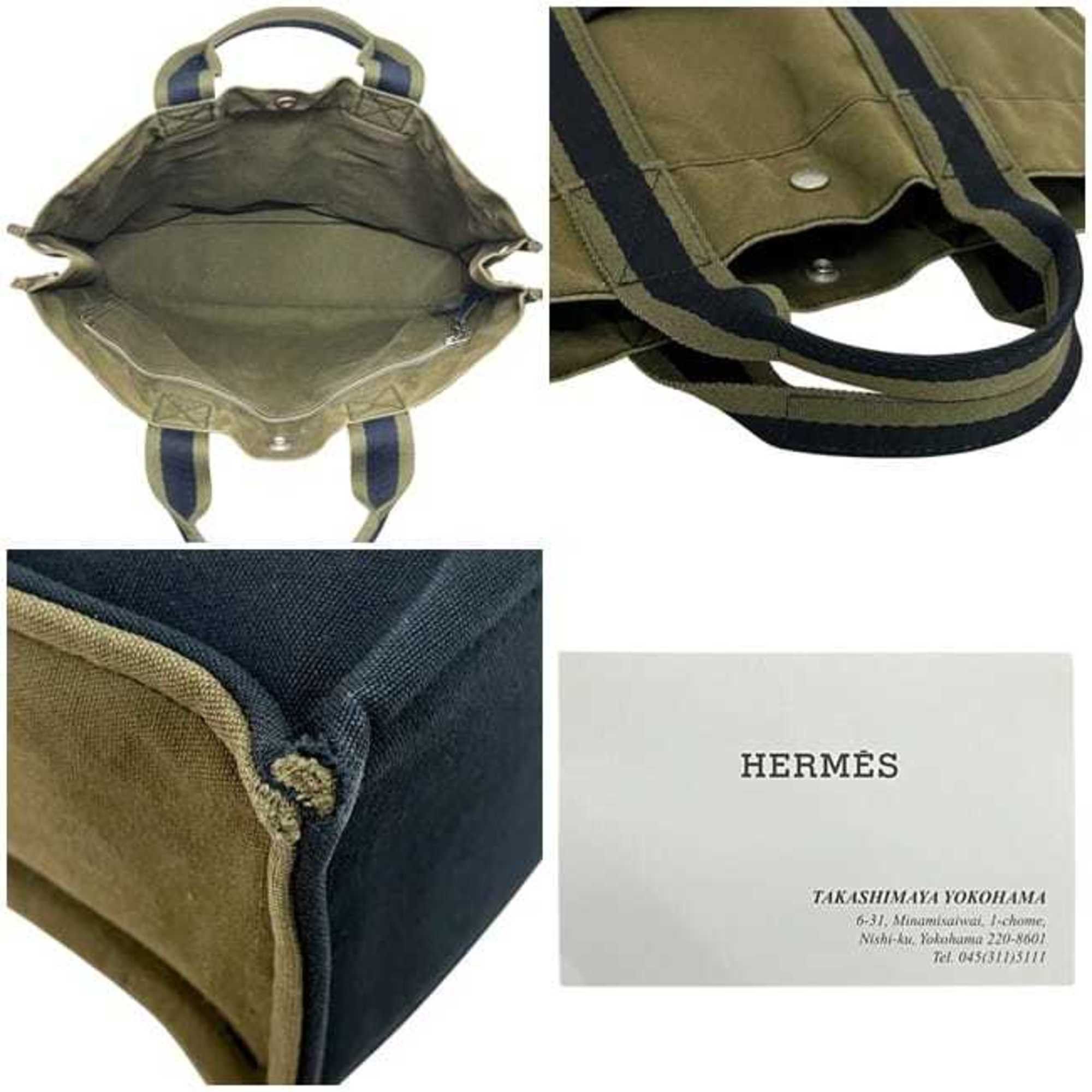 Hermes Hermes Hermès Foule Tote MM Bag (ec-24888) in khaki green and navy blue canvas. Available two-tone, dark blue. A4 size. Suitable for both men women. Size ONE SIZE - 5 Thumbnail