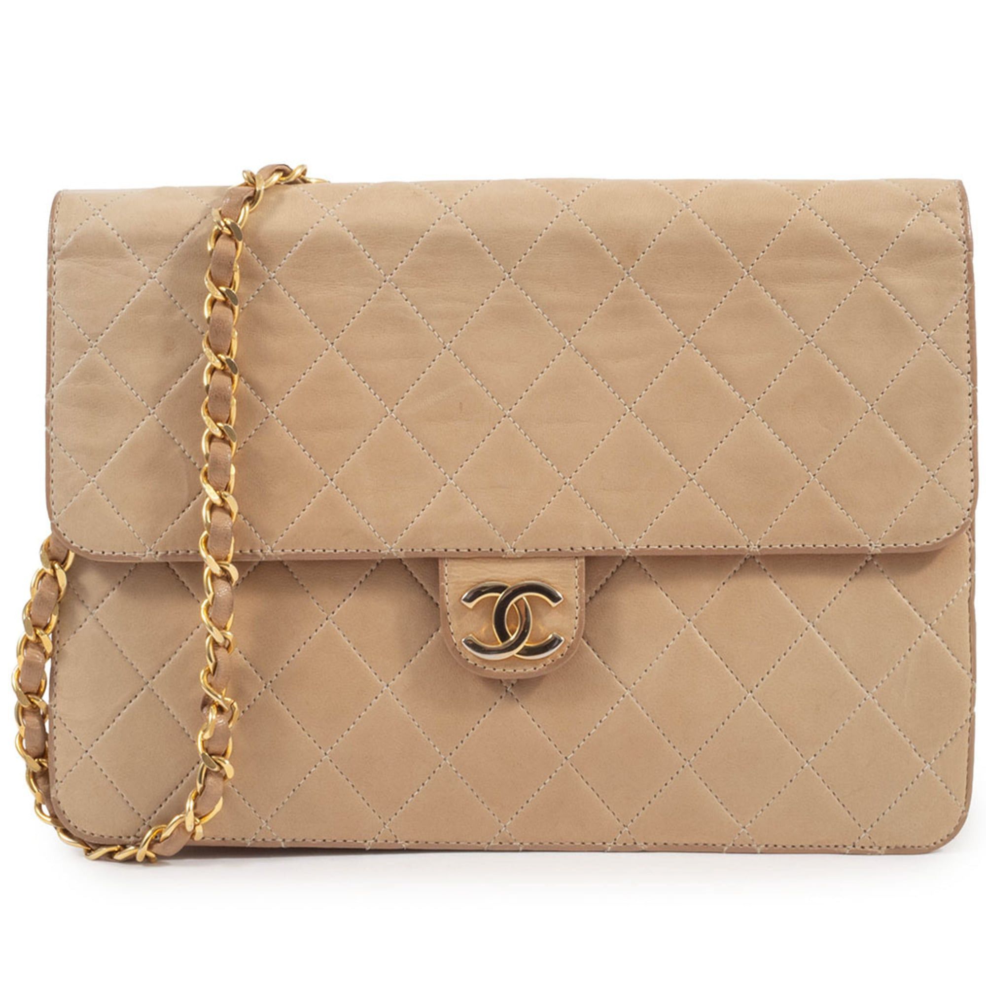 CHANEL Matelasse Chain Shoulder Bag in Beige Leather