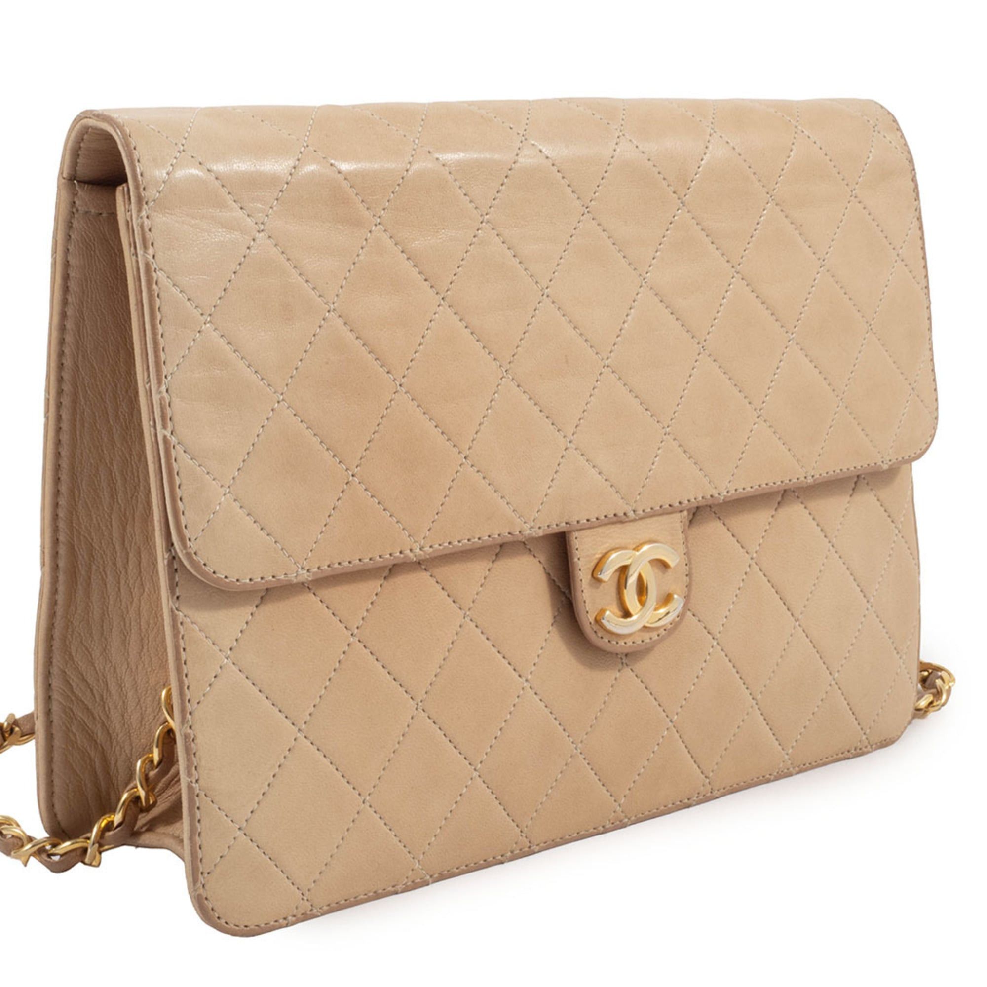 CHANEL Matelasse Chain Shoulder Bag in Beige Leather