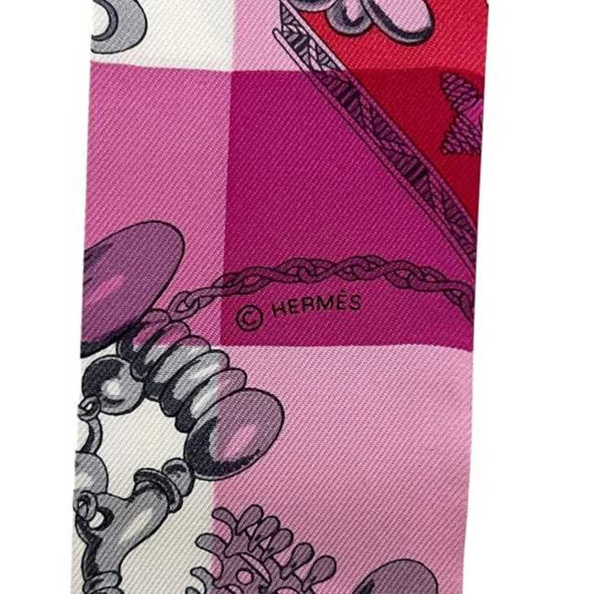 Hermes Hermes Hermès Ribbon Twilly ec-24974 Pink White Red Mors et Gourmettes Vichy 100% Silk Scarf Muffler Check Men's Women's Size ONE SIZE - 5 Thumbnail