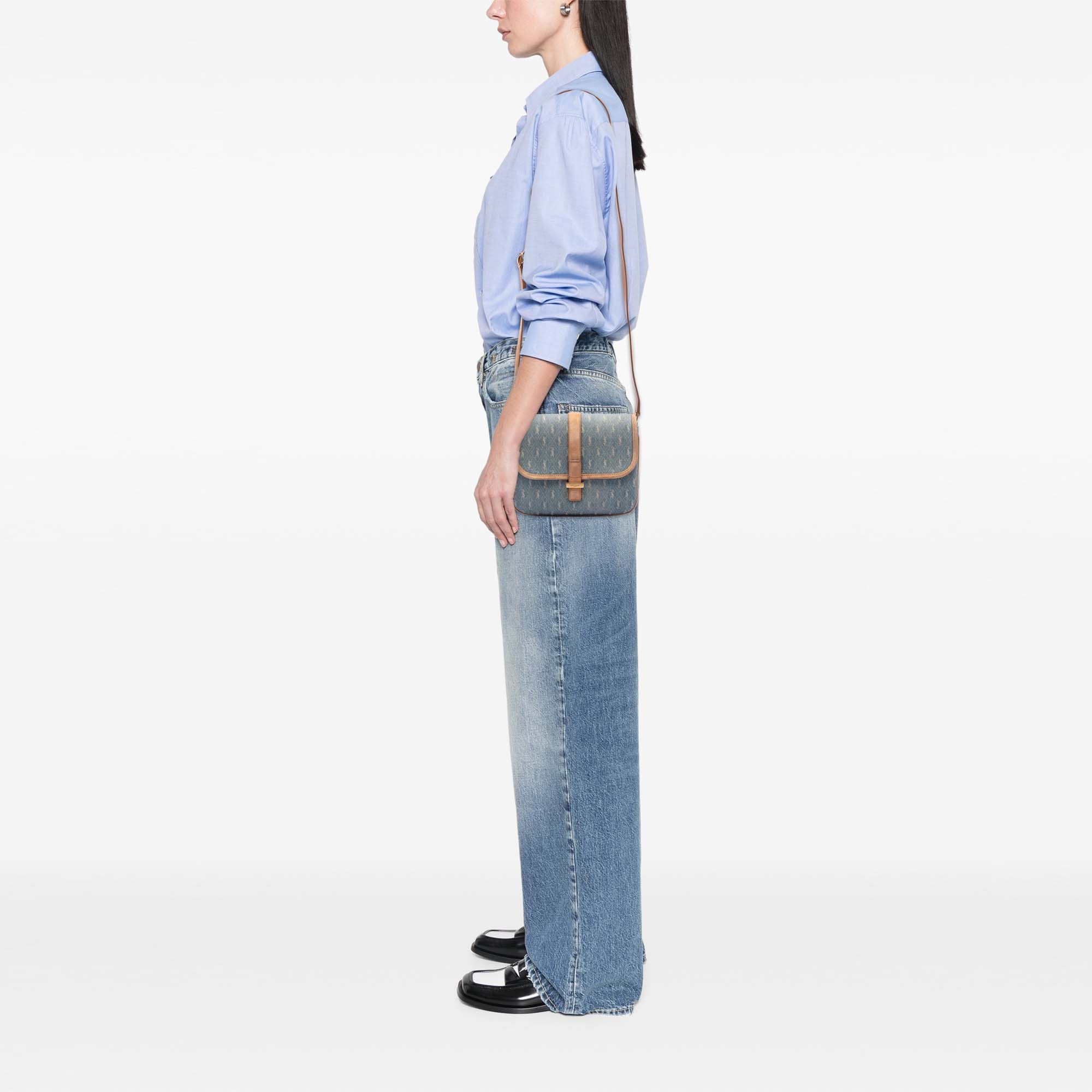 Yves Saint Laurent Yves Saint Laurent Suede Trimmed Denim Monogram Allover Crossbody Size ONE SIZE - 7 Thumbnail