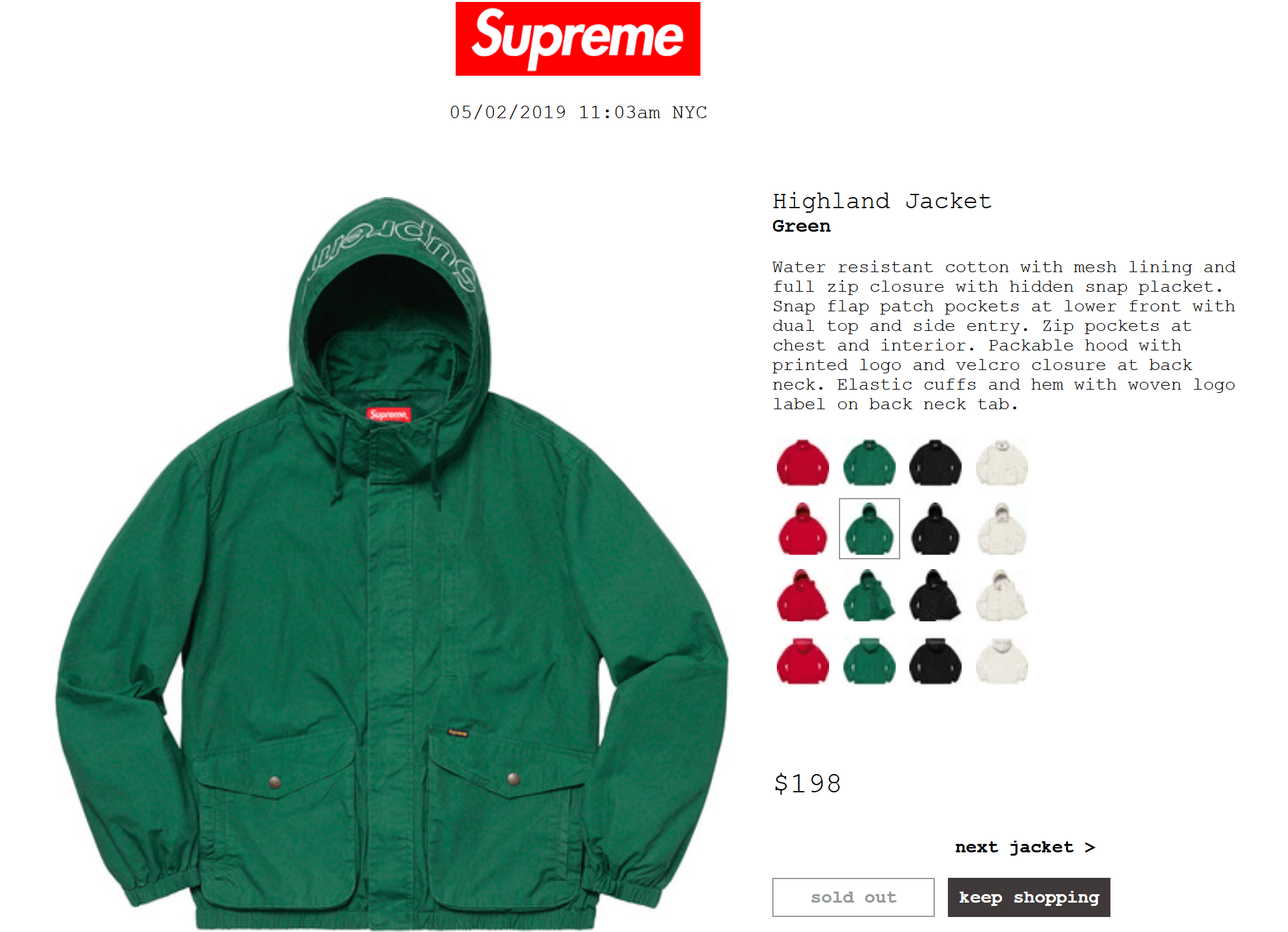 美品 Supreme 19SS Highland Jacket M Green 美品 Supreme 19SS Highland Jacket M Green